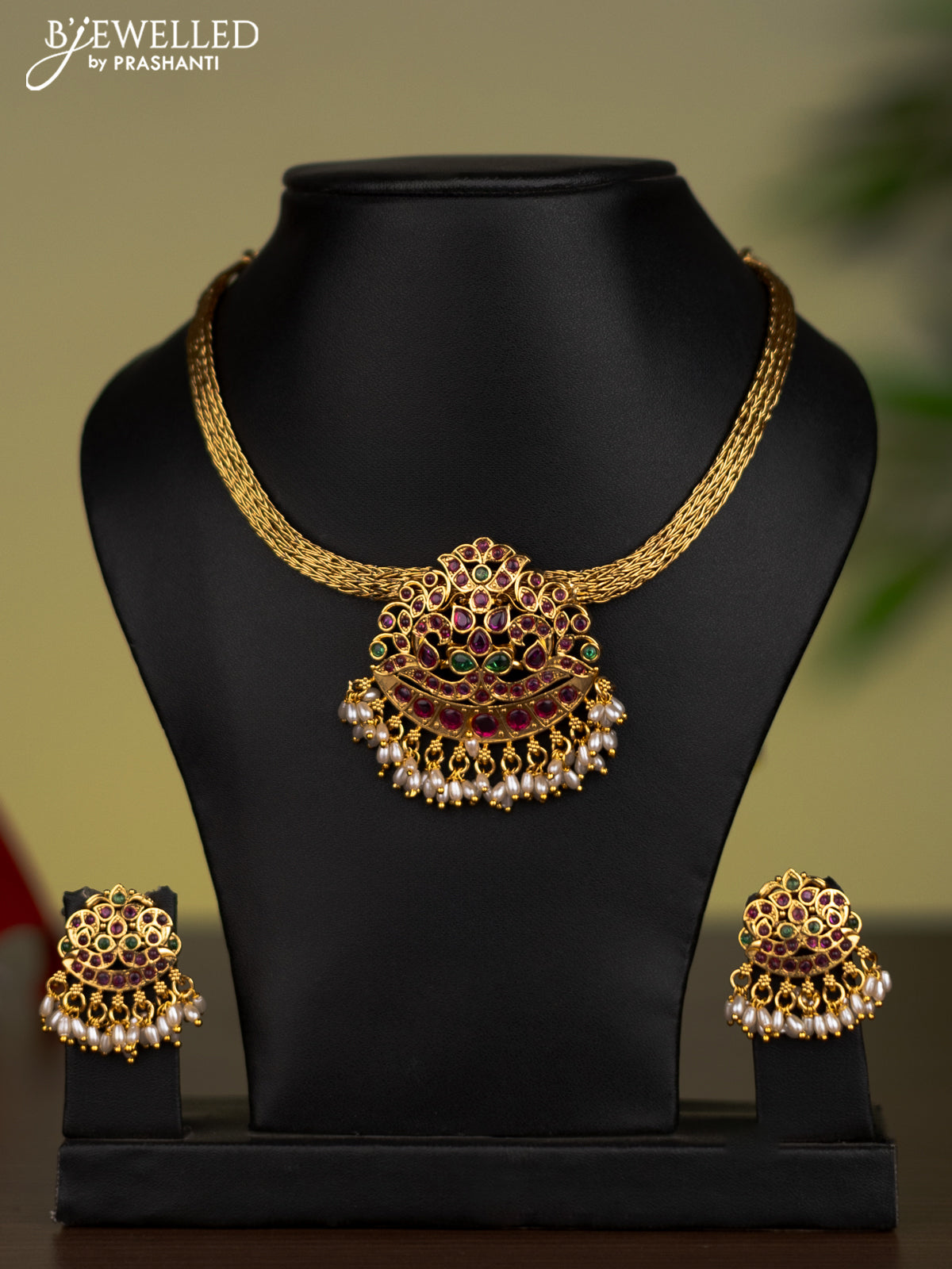 Antique attigai necklace with kemp stones and pearl hangings