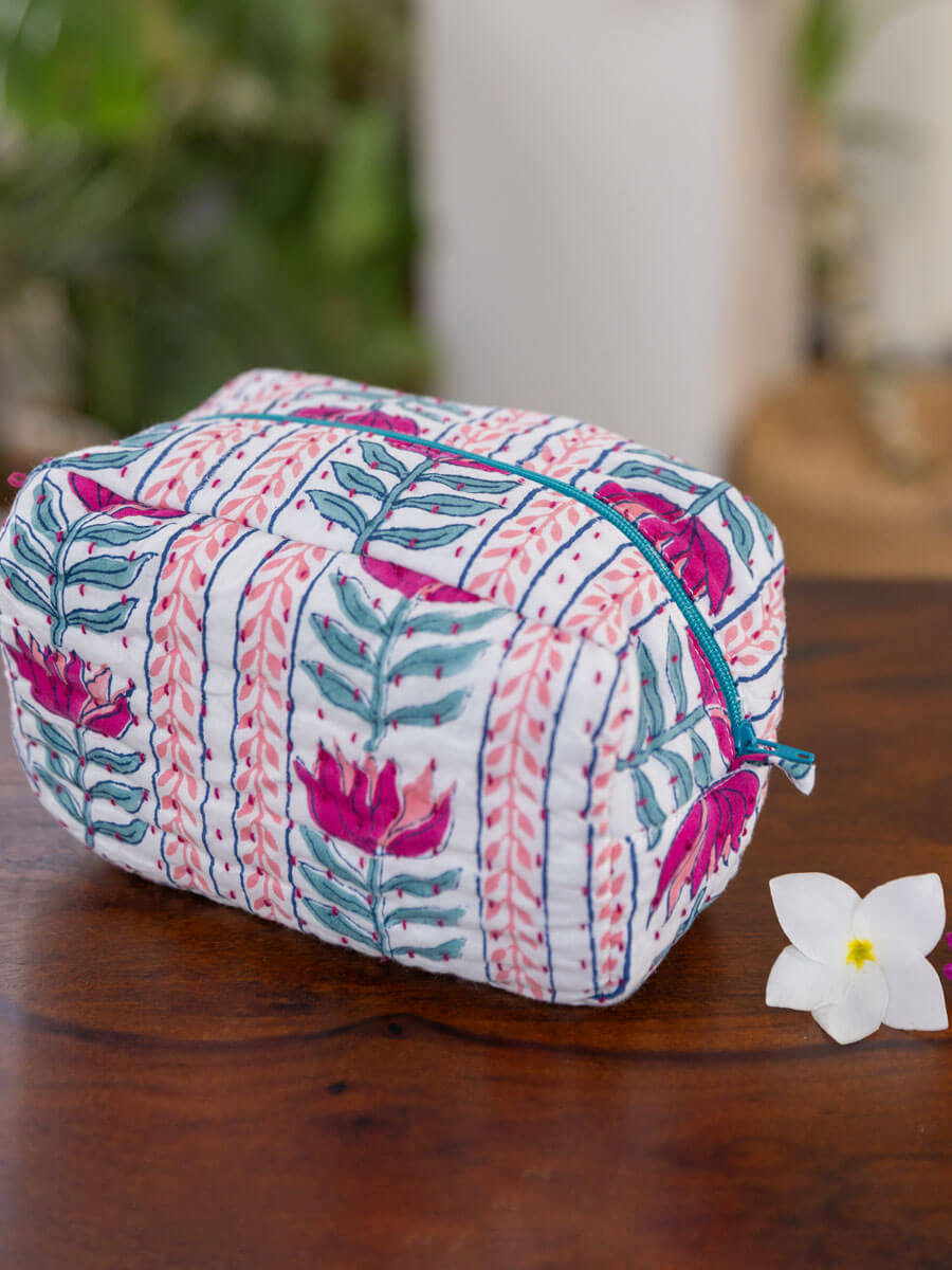 Lotus Love Block Print Cotton Travel Case