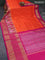 Pochampally silk saree orange and pink with allover zari checks & ikat buttas and long ikat woven zari border