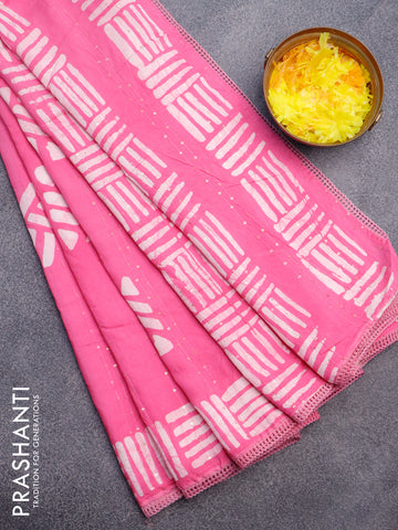 Batik cotton saree light pink with allover sequin work & batik butta prints and printed lace work border