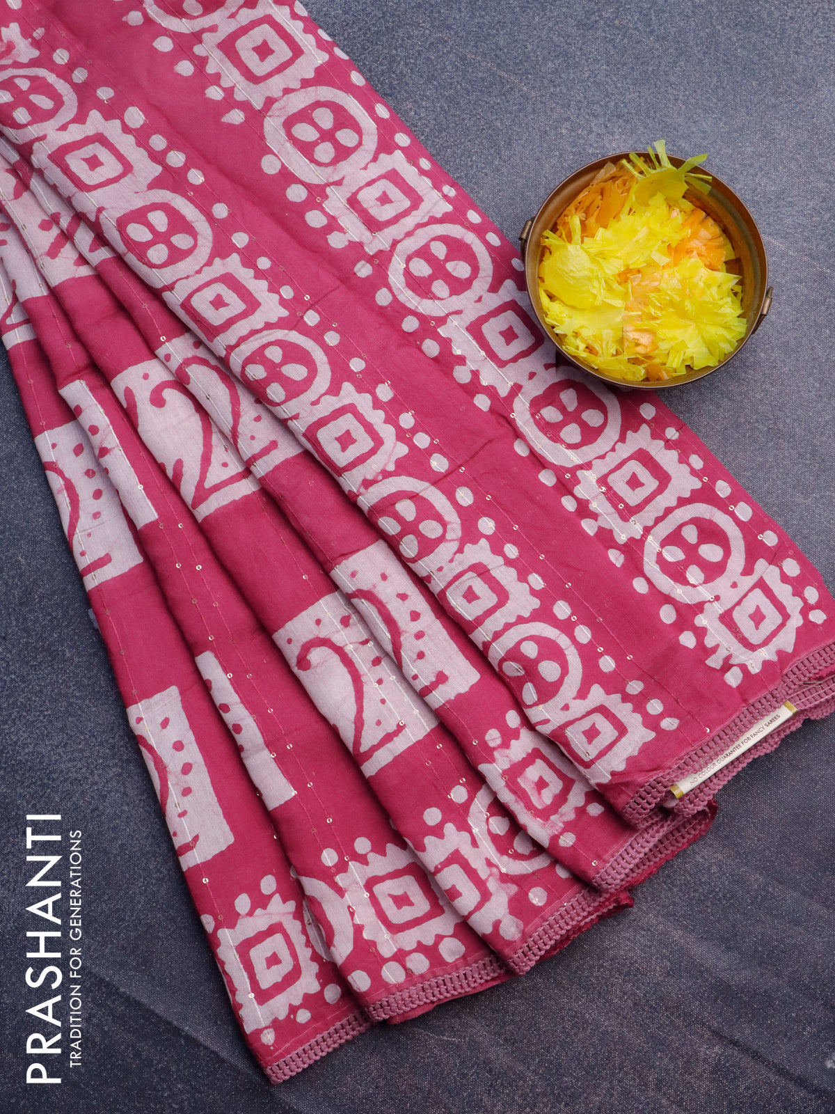 Batik cotton saree pink with allover sequin work & batik butta prints and printed lace work border