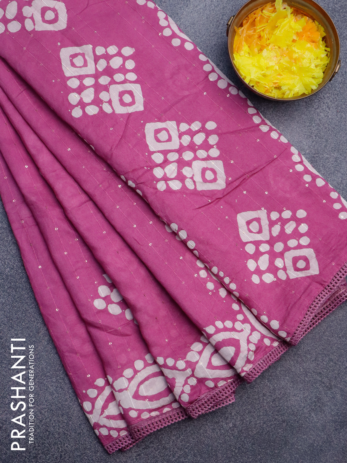 Batik cotton saree mild purple with allover sequin work & batik butta prints and printed lace work border