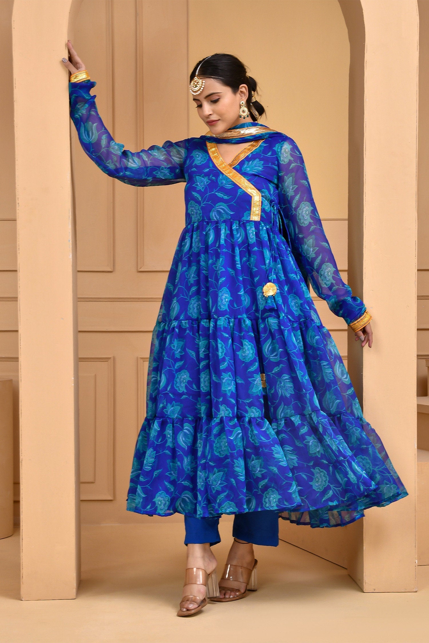 Blue Chiffon Anarkali Set With Printed Design