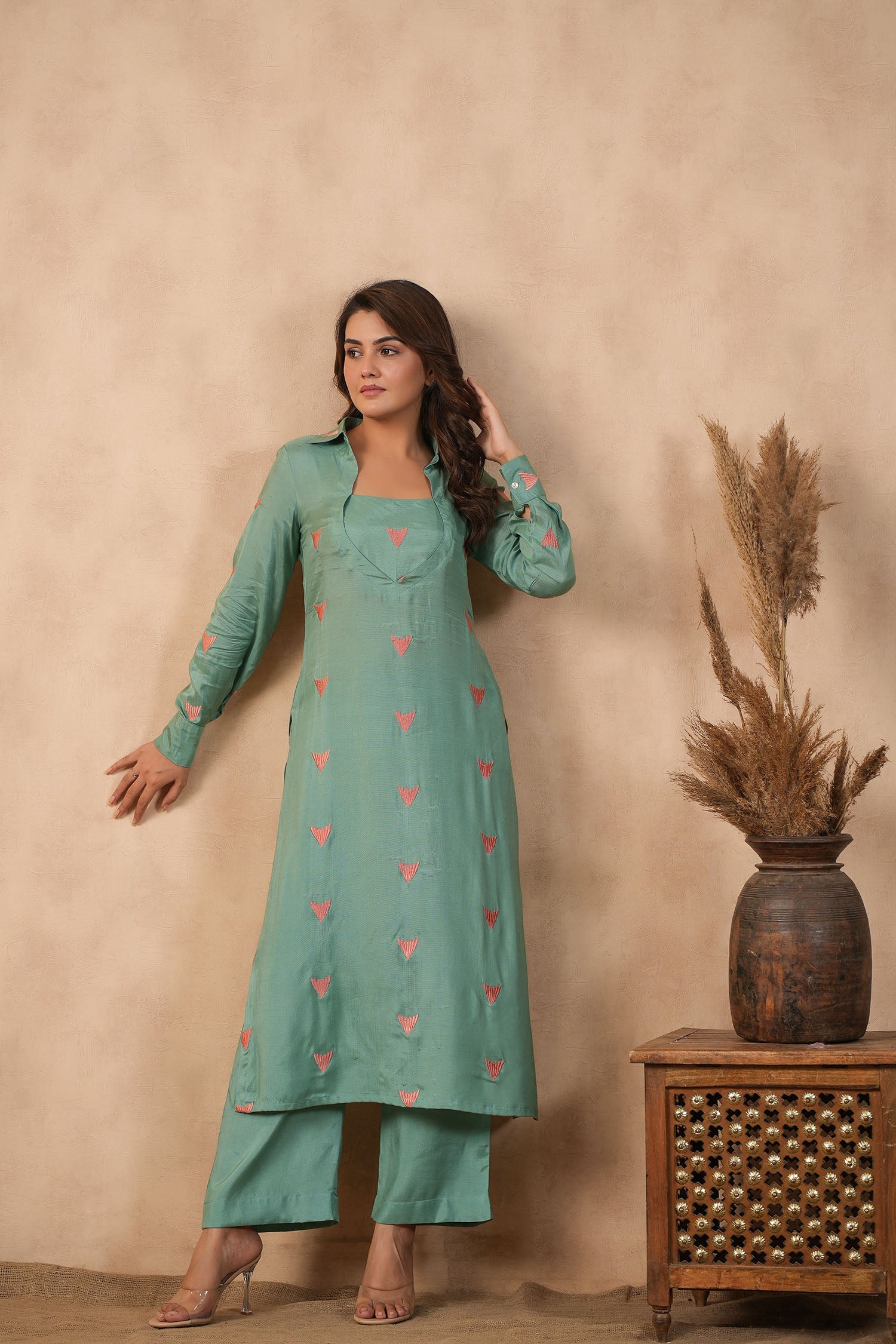 Bright Persian Green Santoon Embroidered Kurti Set