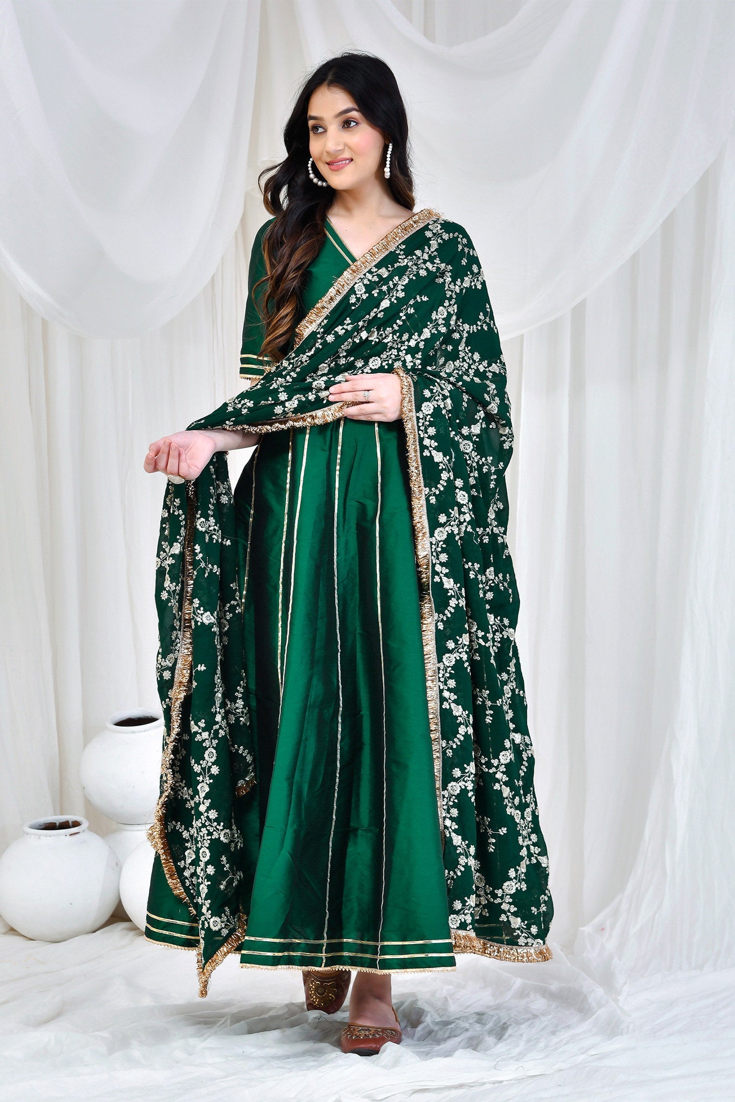 Bottle Green Silk Anarkali Set With Embroidered Dupatta
