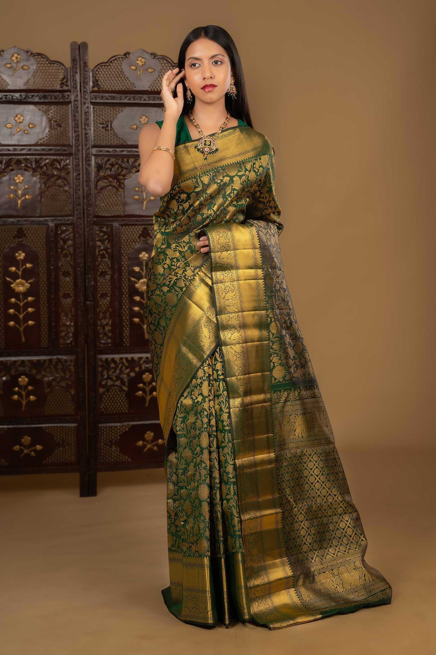 Bottle Green Floral Kanjivaram Silk Saree