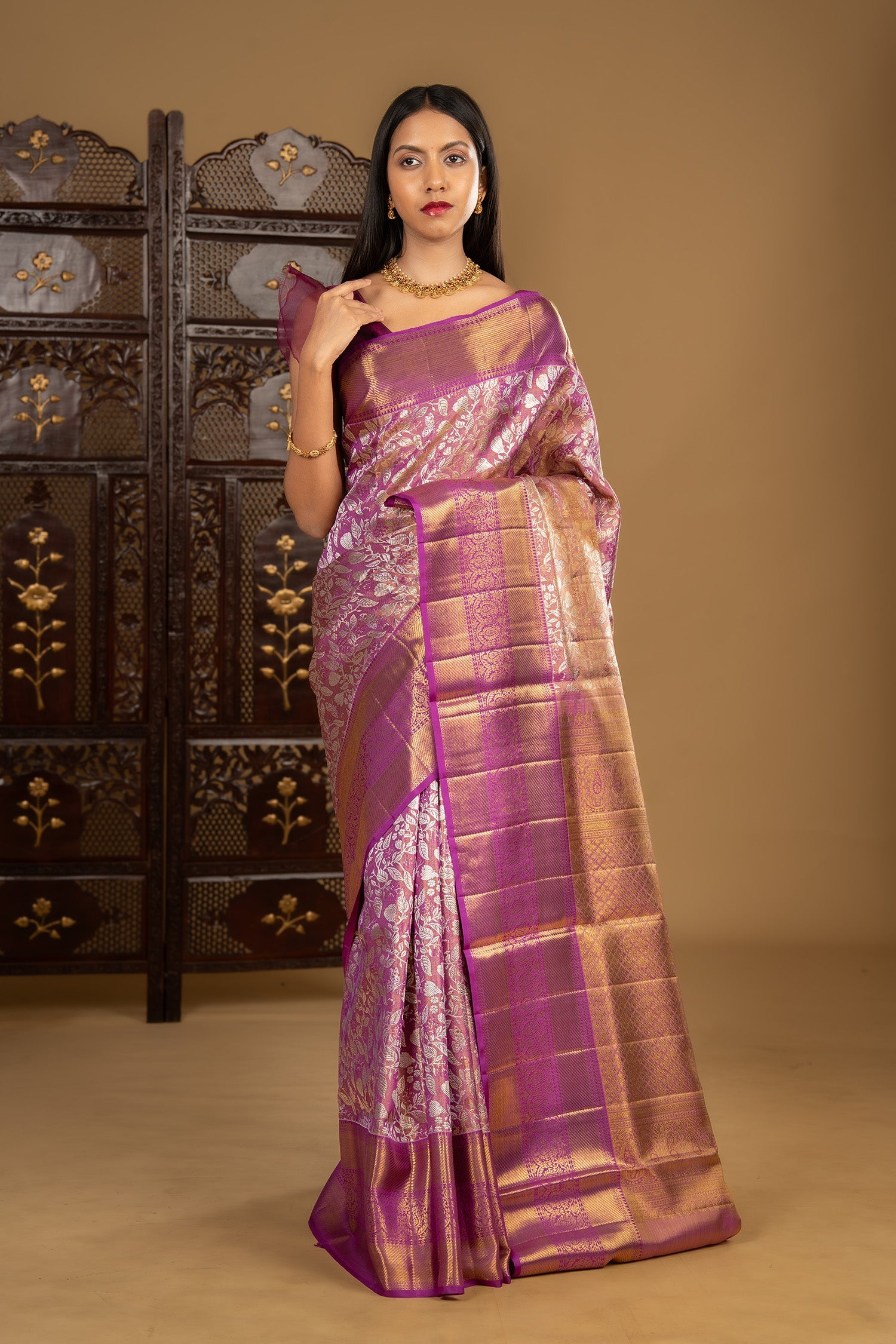 Bright Purple Floral Kanjivaram Silk Saree