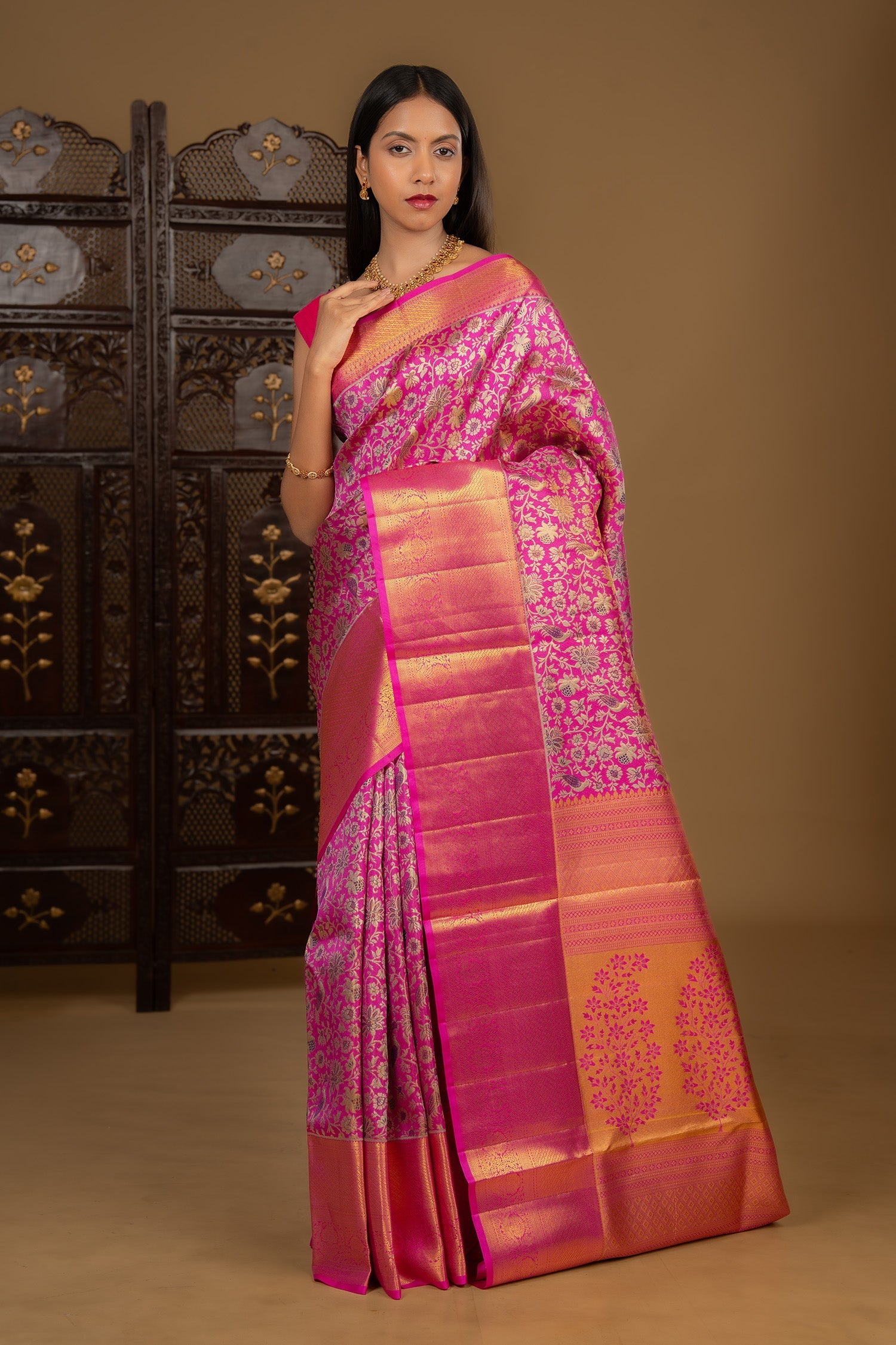 Bright Pink Floral Kanjivaram Silk Saree