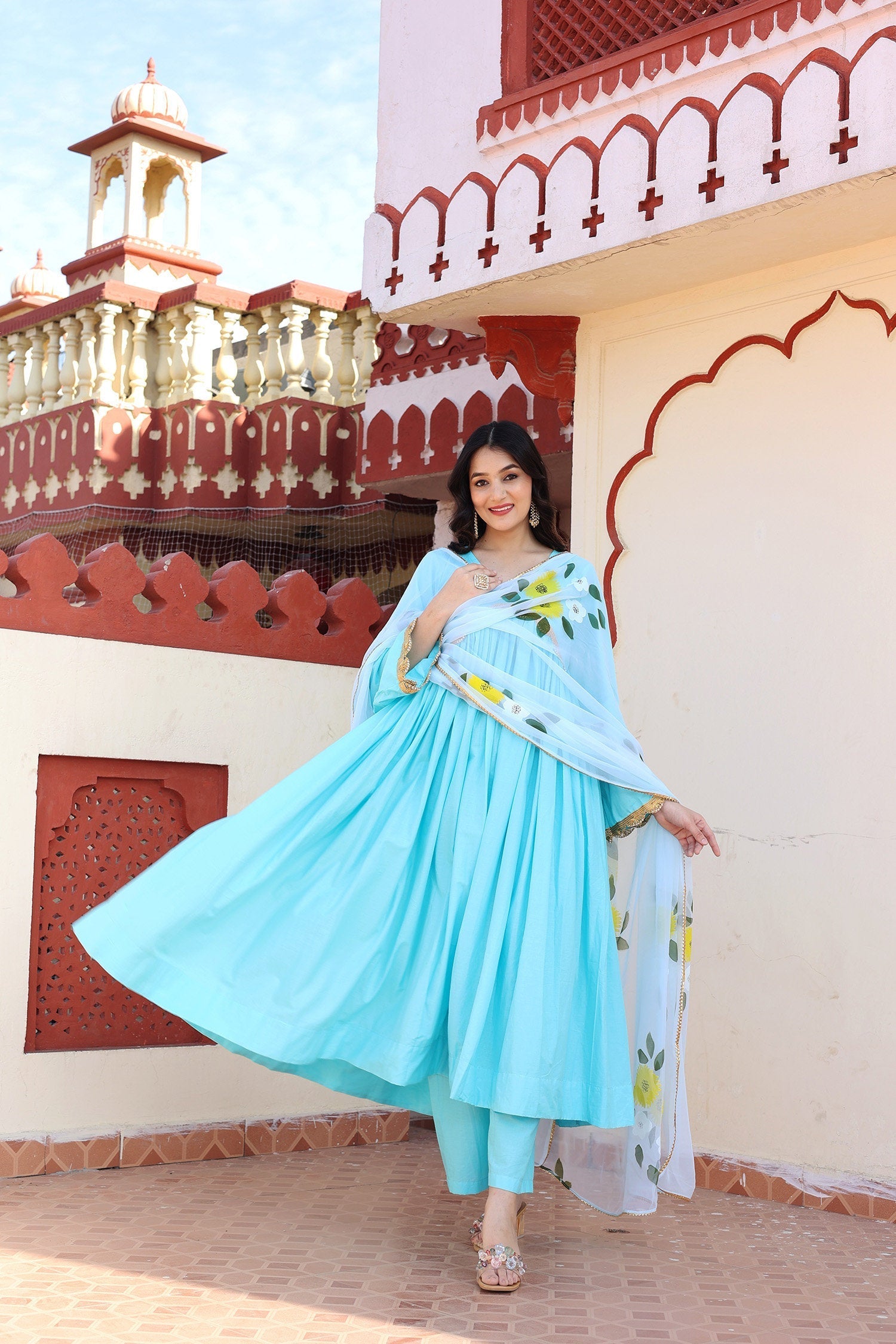Blue Cotton Anarkali Set With Hand Painted Design