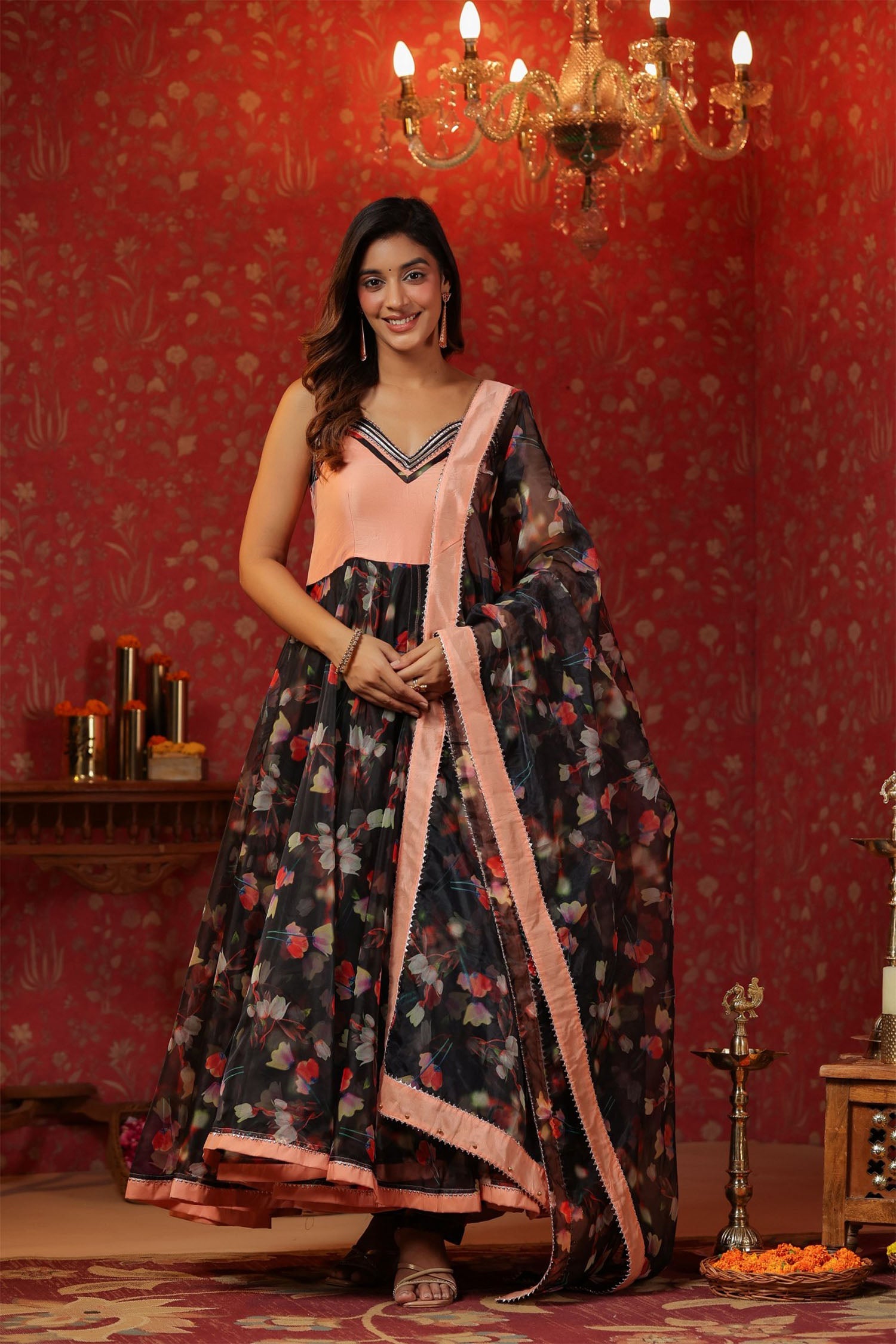 Black Organza Floral Printed Anarkali Set