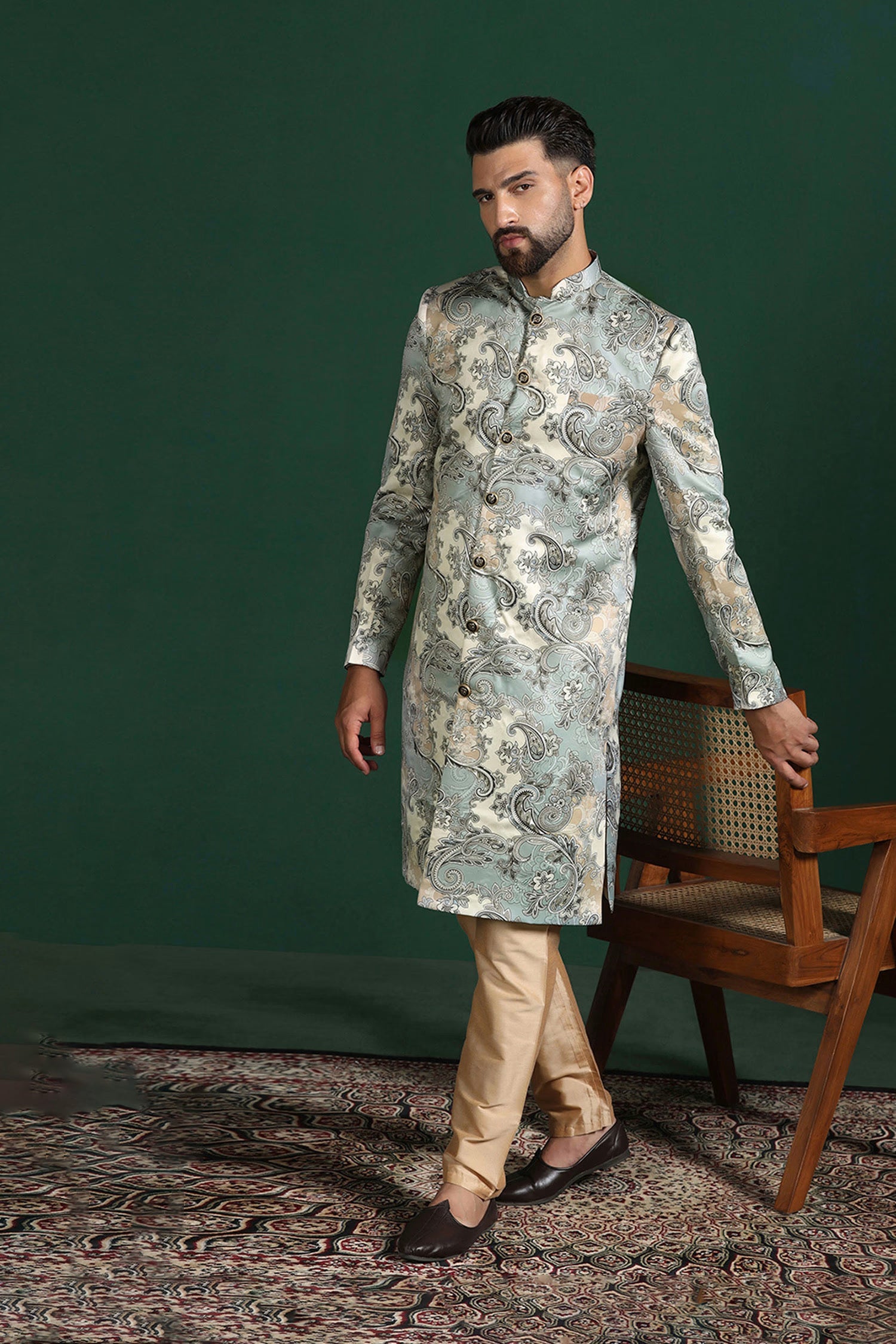 Ash Grey And Cream Cotton Blend Printed Sherwani Set