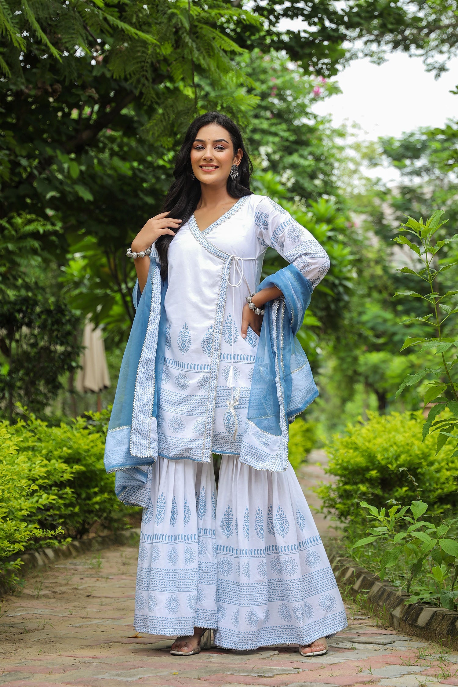 Bluish White Cotton Printed Sharara Set