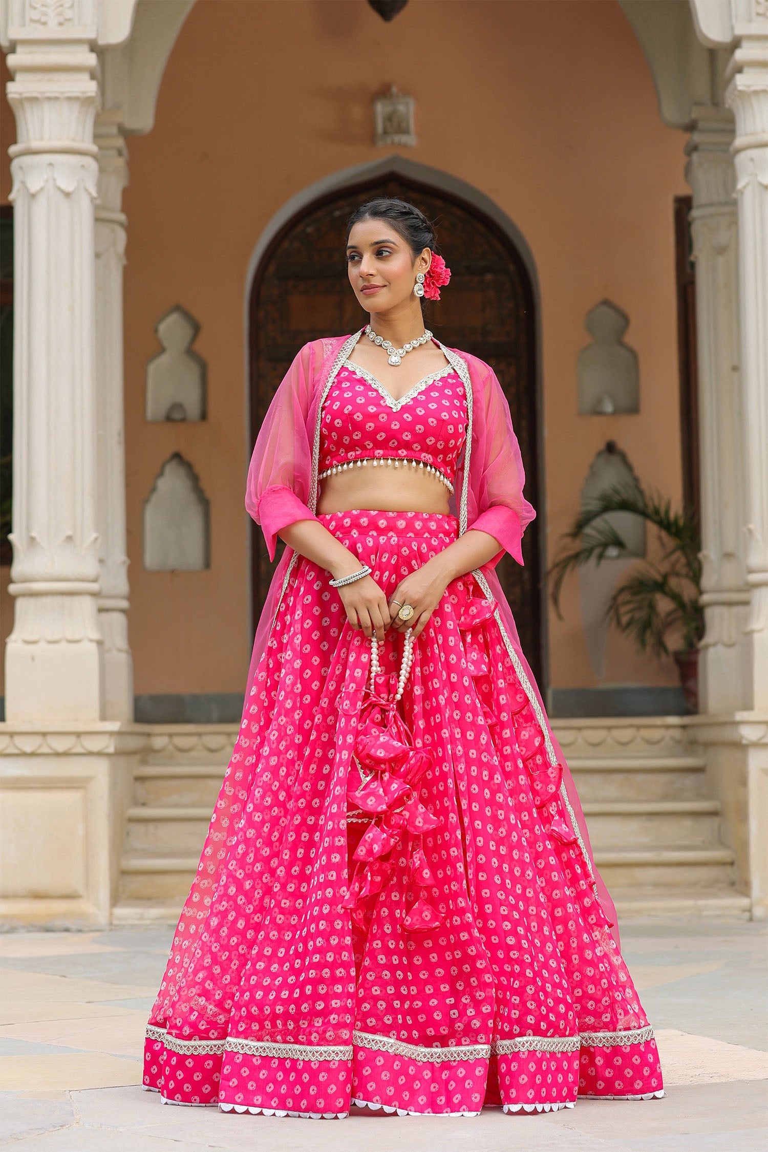 Bright Pink Organza Bandhani Printed Lehenga Set