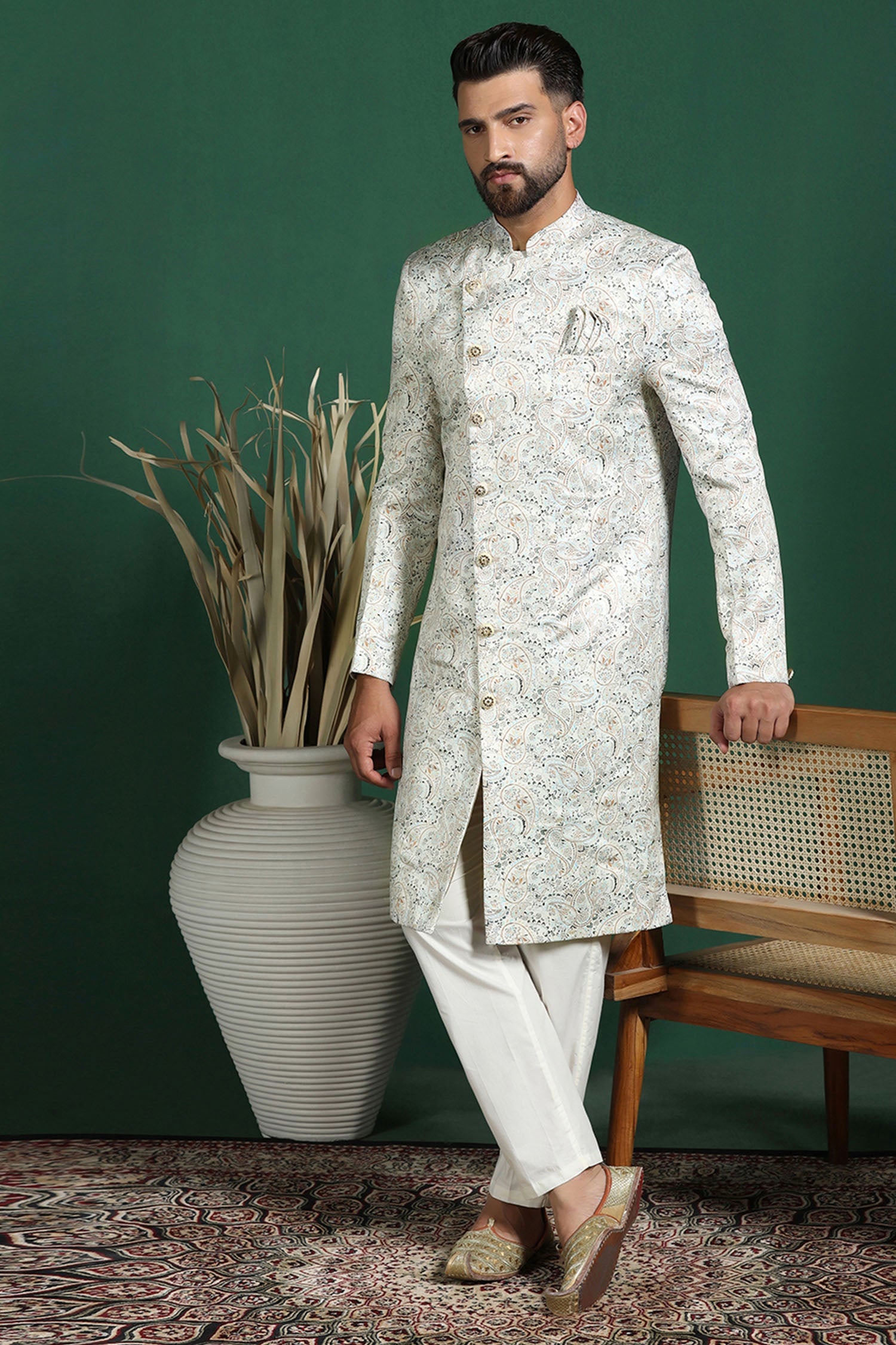 Ceramic White Printed Cotton Blend Sherwani Set
