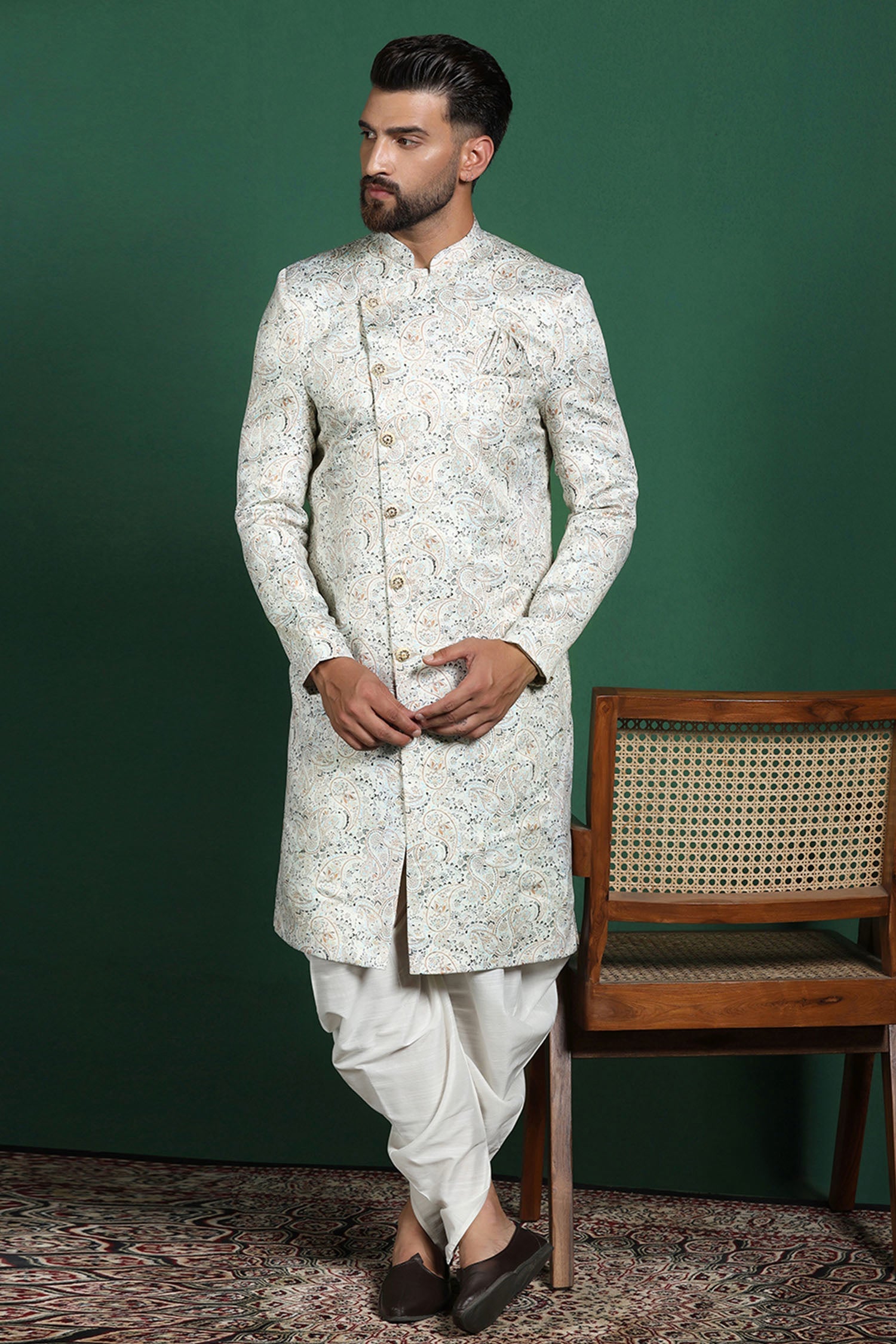 Ceramic White Cotton Blend Printed Sherwani Set