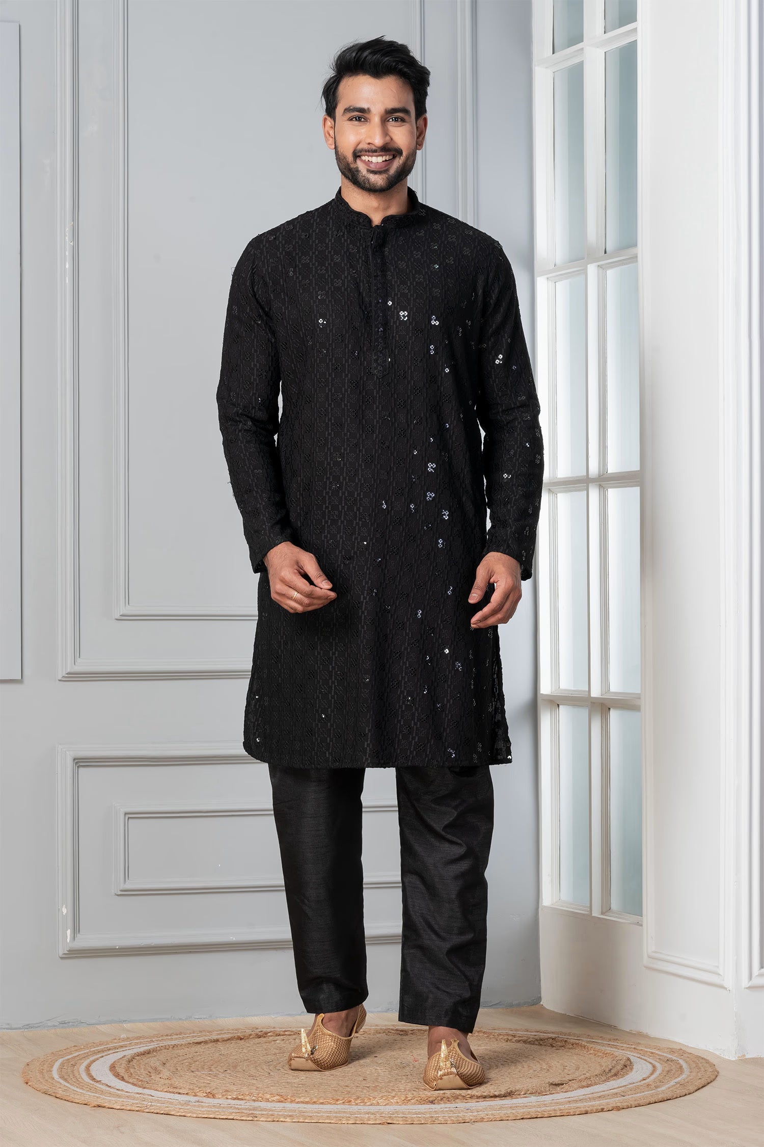 Black Embroidered Cotton Silk Kurta Set