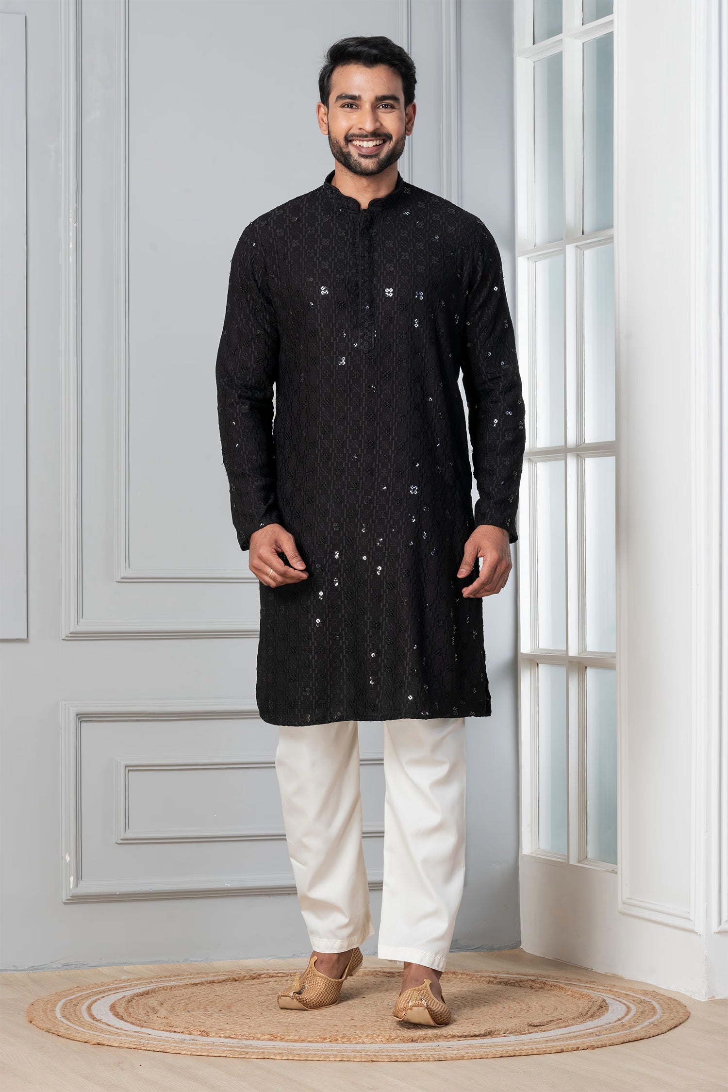 Black Cotton Silk Embroidered Kurta Set