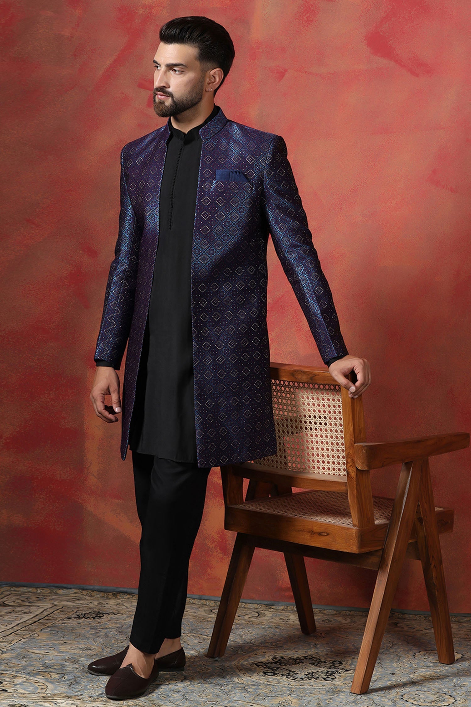 Black Jacquard Solid Sherwani Set