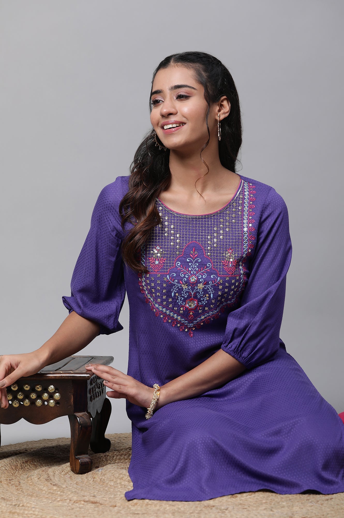 Blue Zari Embroidered Straight Kurta and Leggings Set