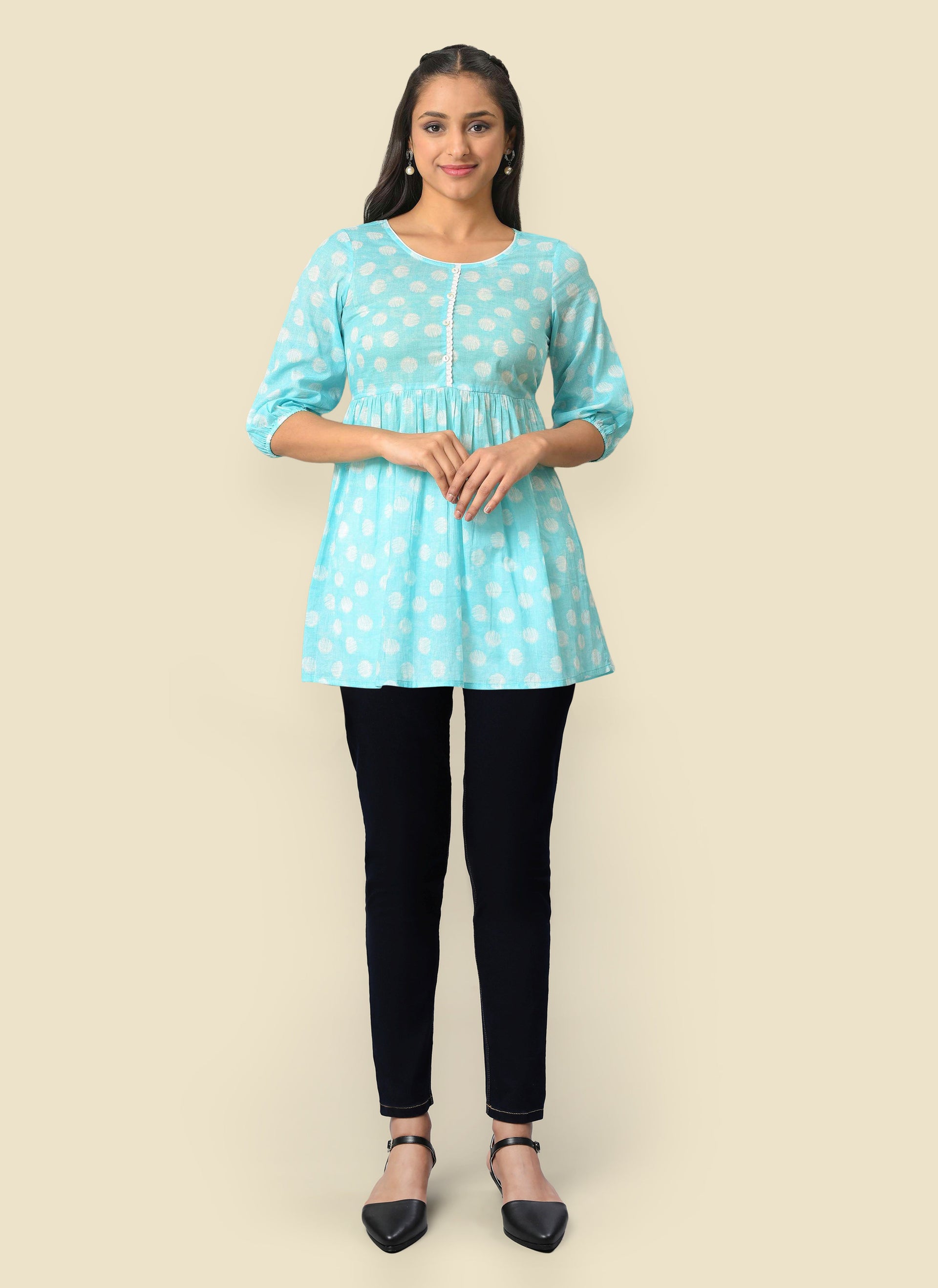Blue Pure Cotton Flared Kurti and Jegging Set
