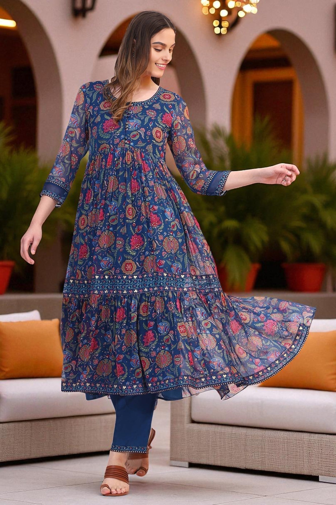 Blue Chintz Floral Printed Chiffon Anarkali Kurta