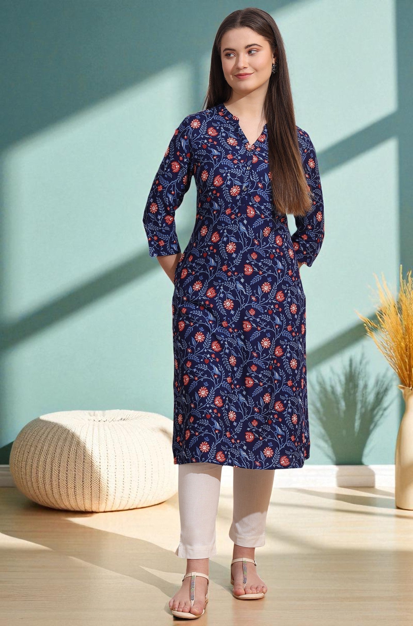 Blue Bold Floral Printed Cotton Cambric Straight Kurta