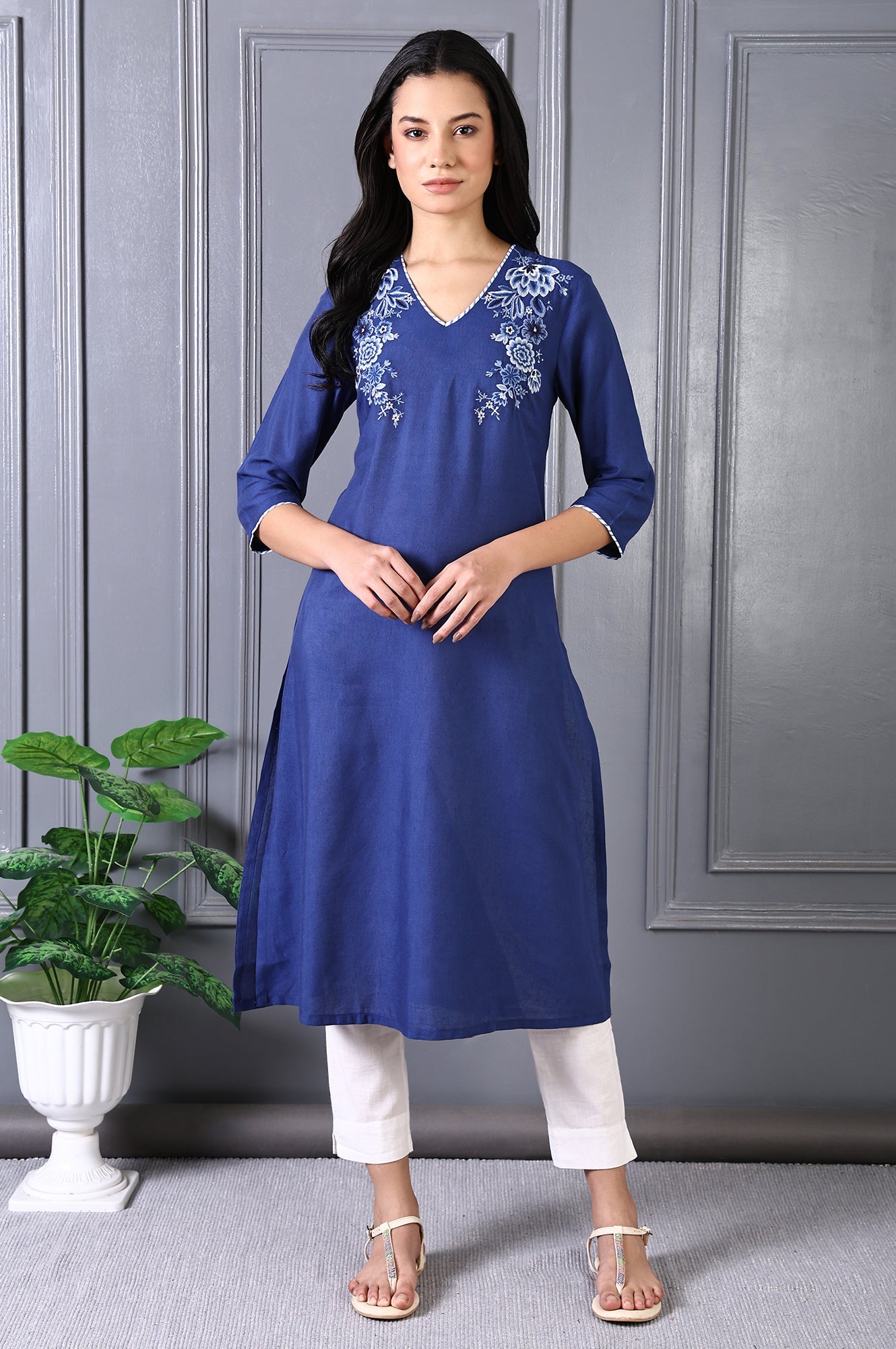 Blue Embroidered Printed Thread Embroidery Rayon Flax A-line Kurta