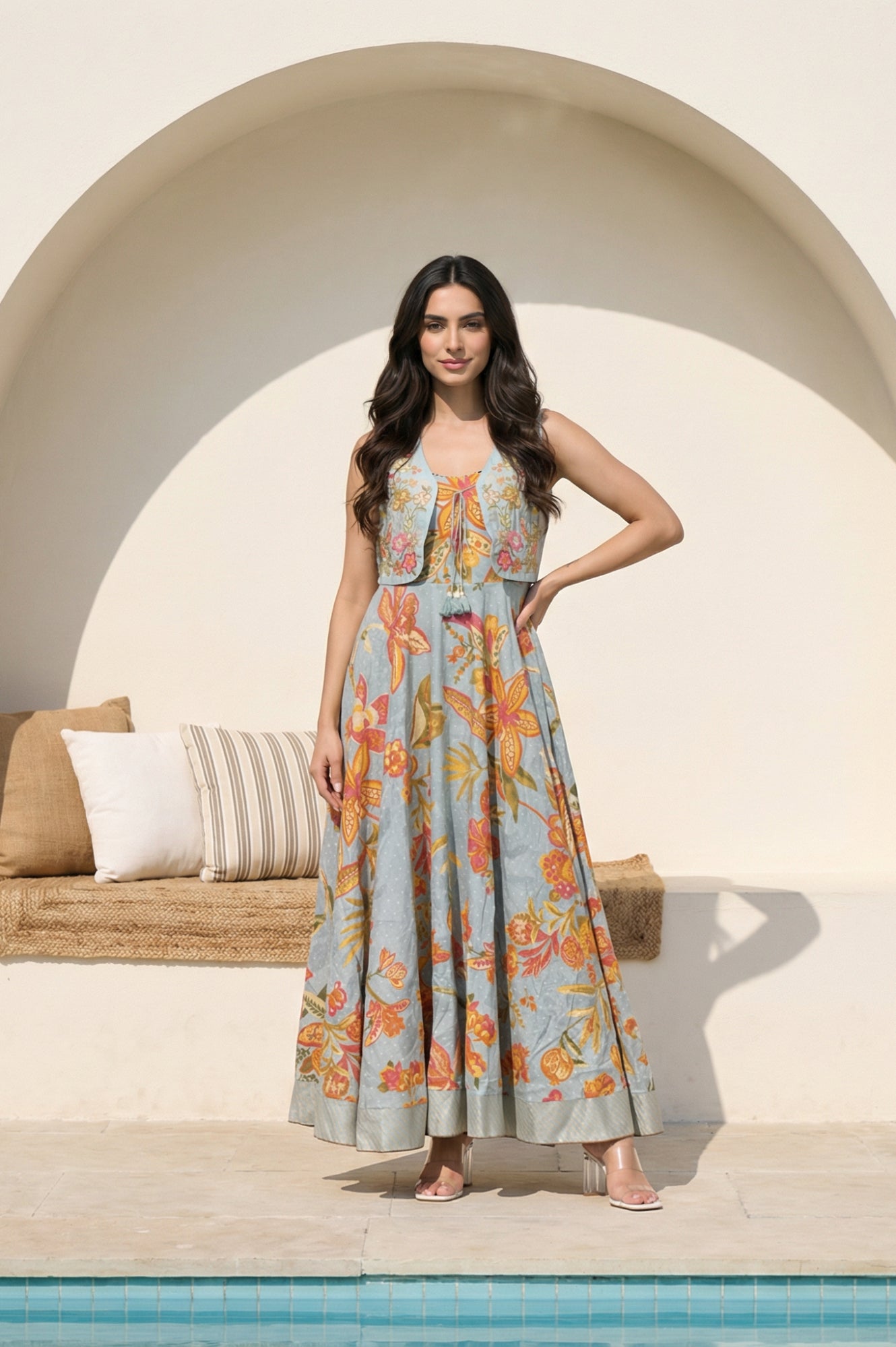 Blue Embroidered Cotton Blend Flared Dress and Gillet Set