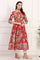 Red Floral Printed Flared Pure Cotton Kurta