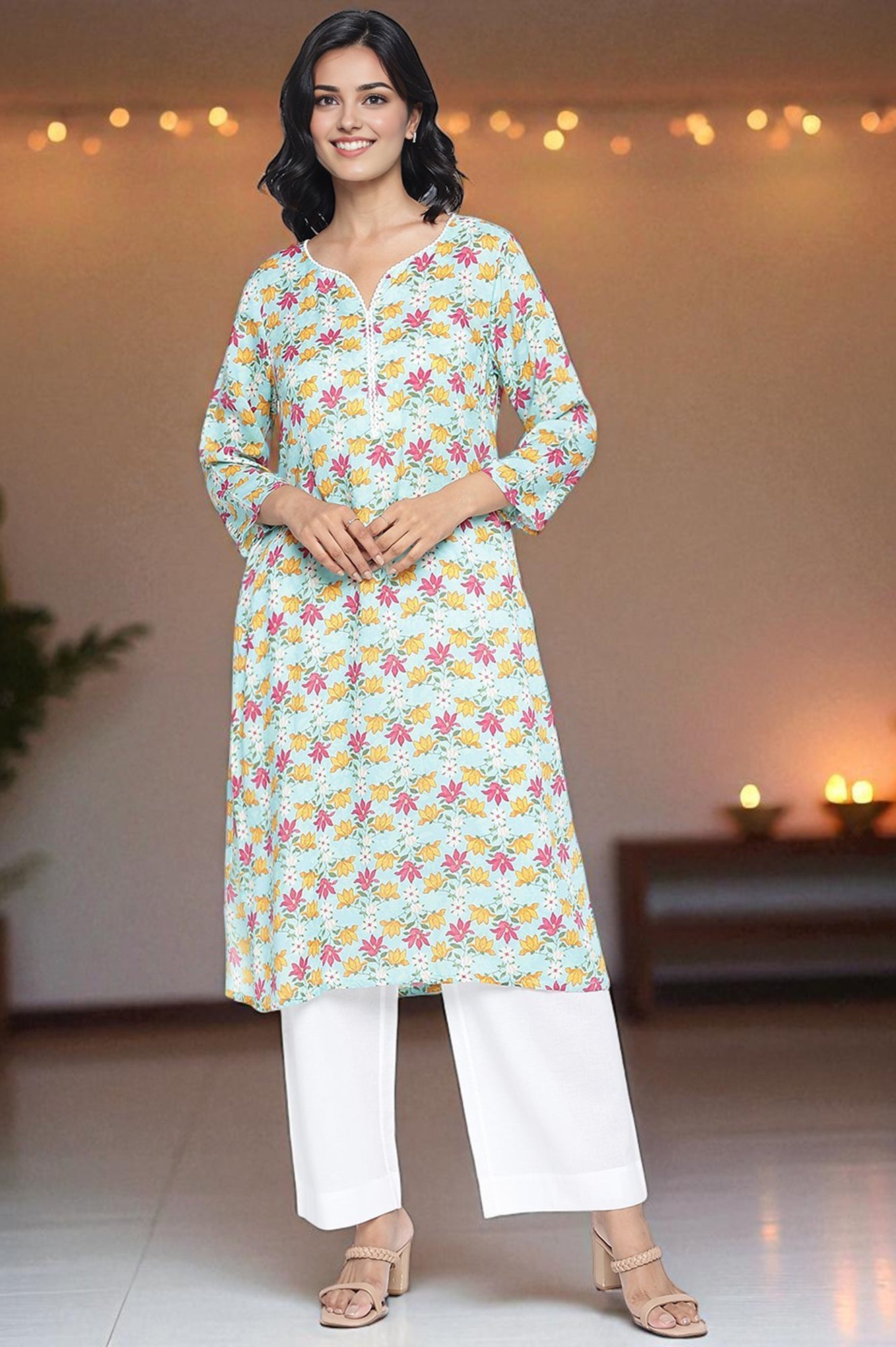 Aqua Green Printed Modal Straight Kurta