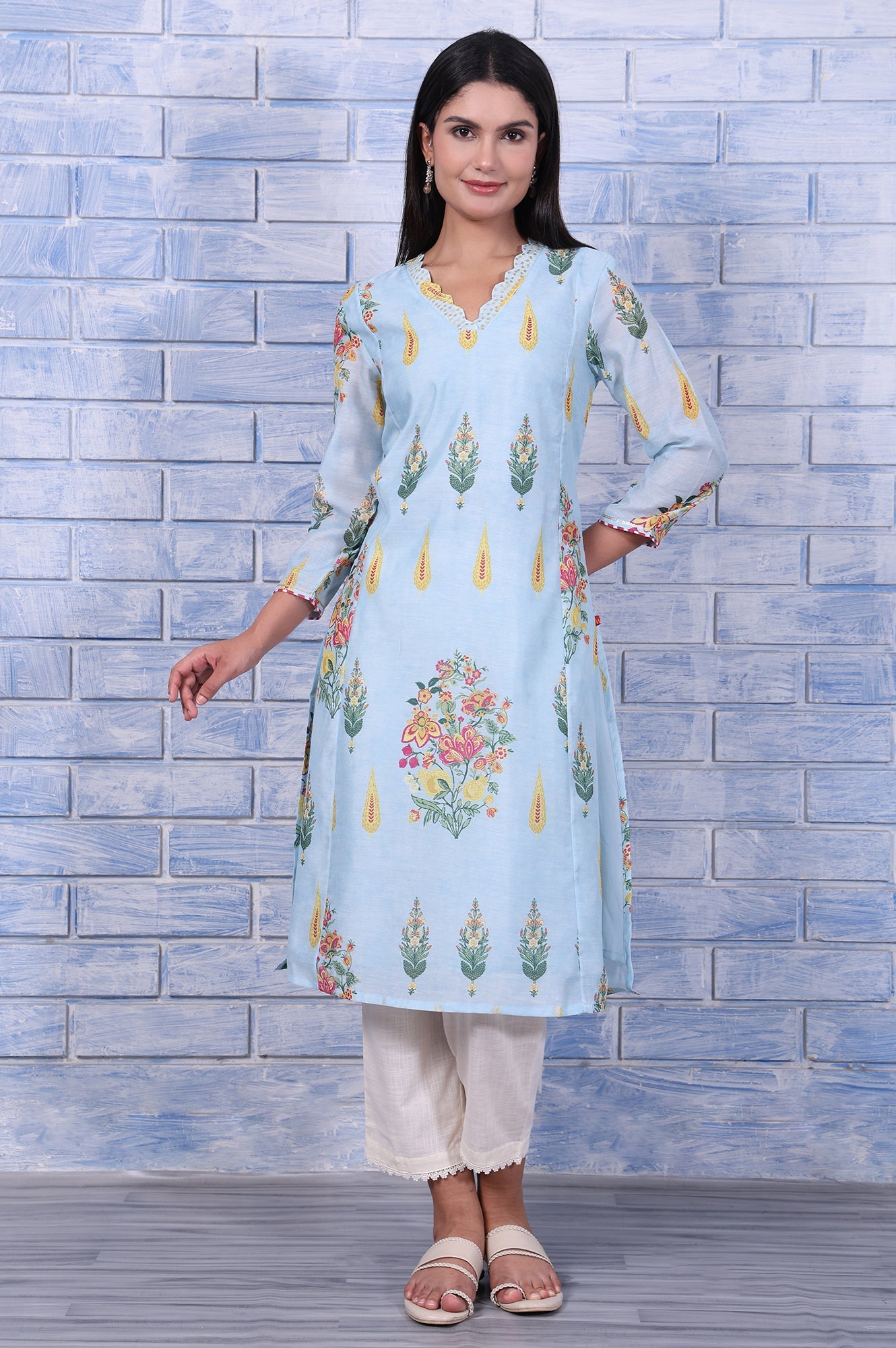 Blue Floral Printed Chanderi A-Line Kurta