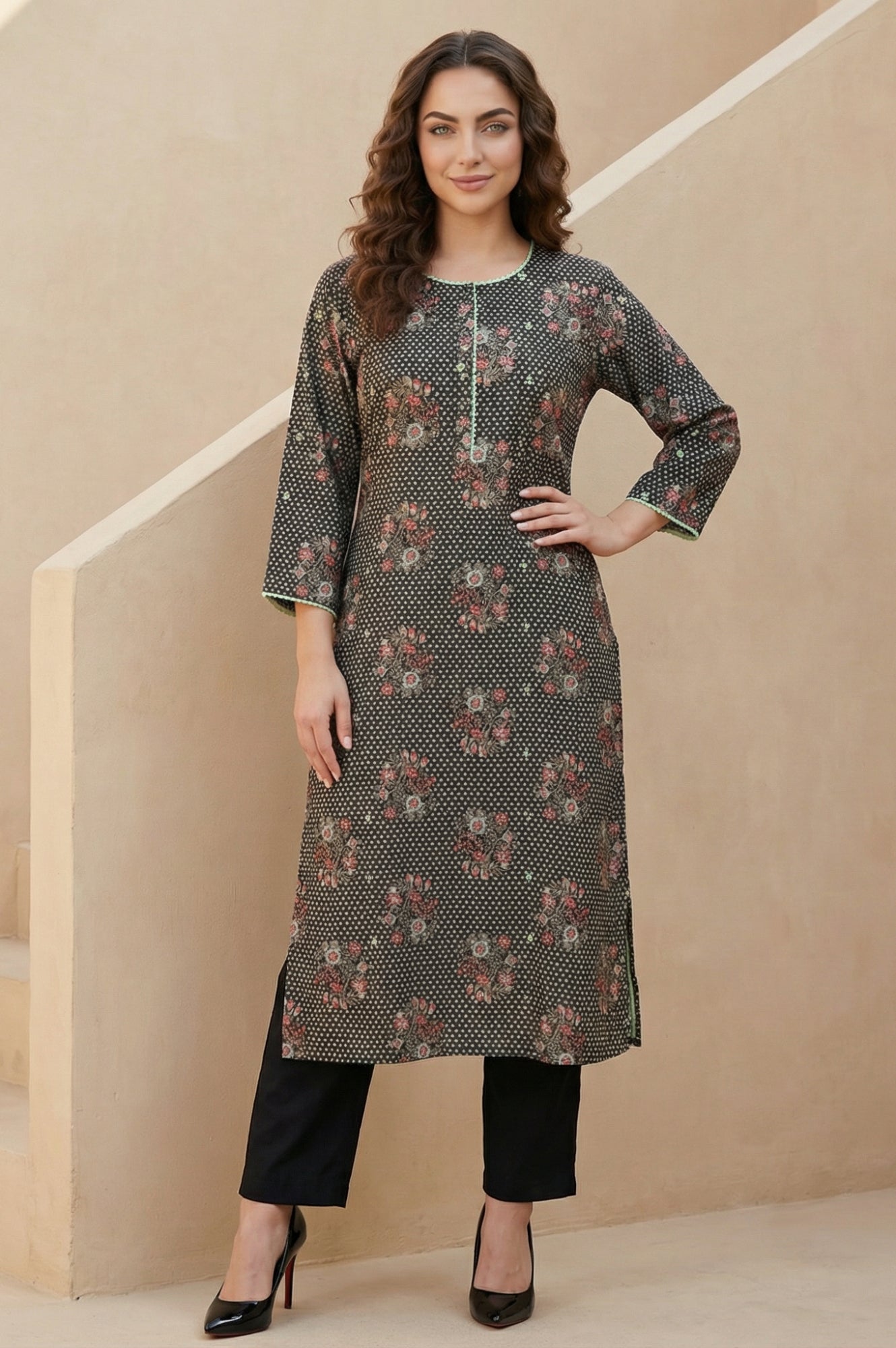 Black Floral Printed Rayon Straight Kurta