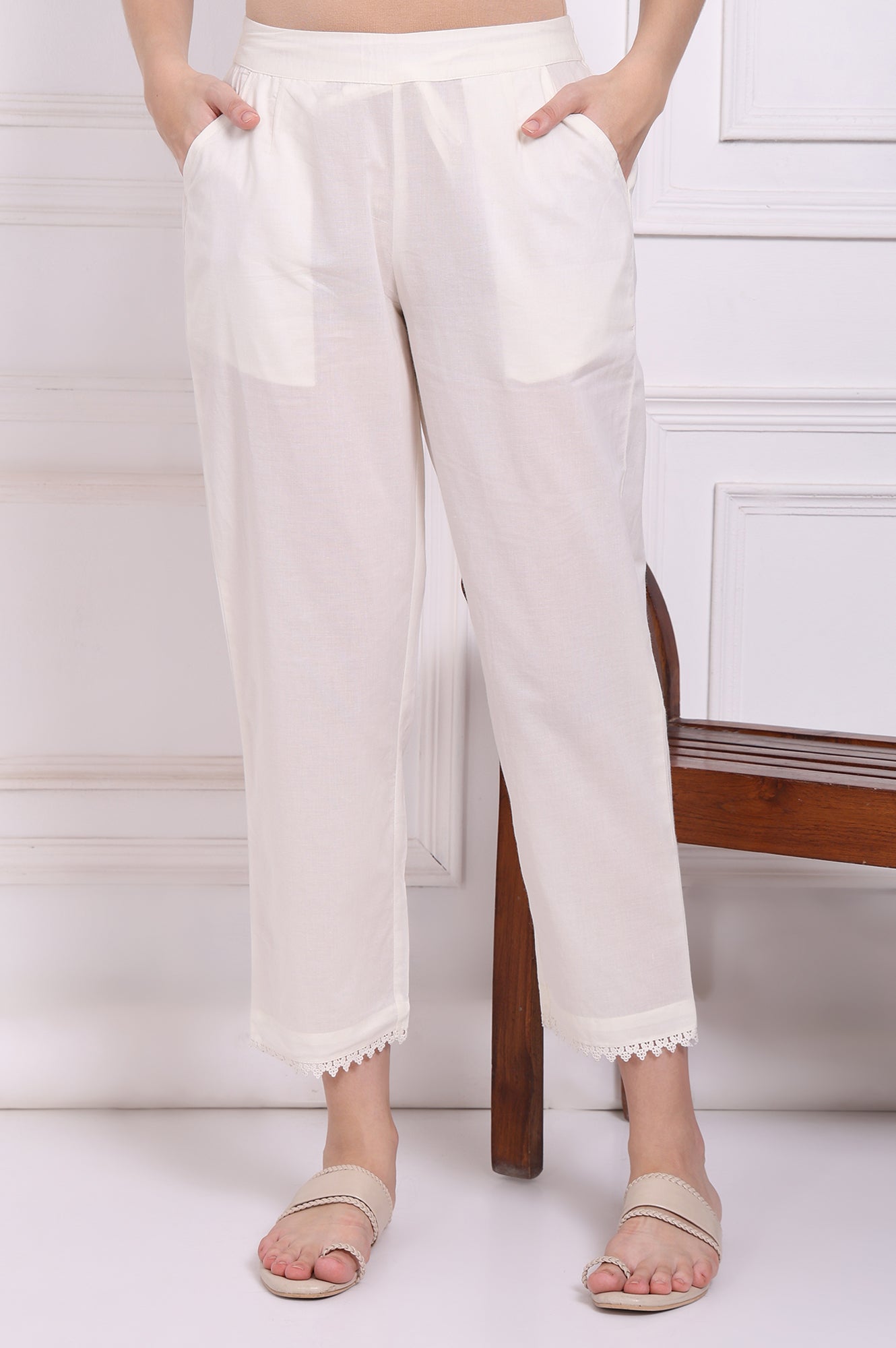 White Solid Pure Cotton Ankle Length Straight Pants with Lace