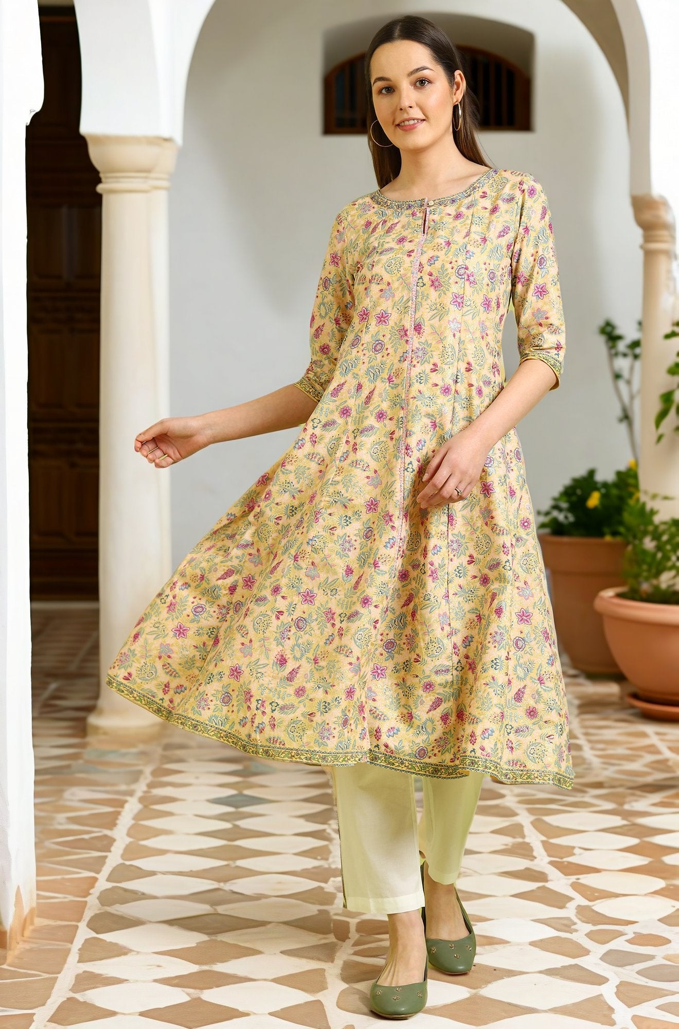 Light Yellow Floral Glitter Printed Pure Cotton Anarkali Kurta and Pants Set