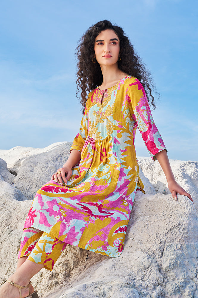 Blue Abstract Printed Sequined Yoke Satin Straight Kurta and Pants Set