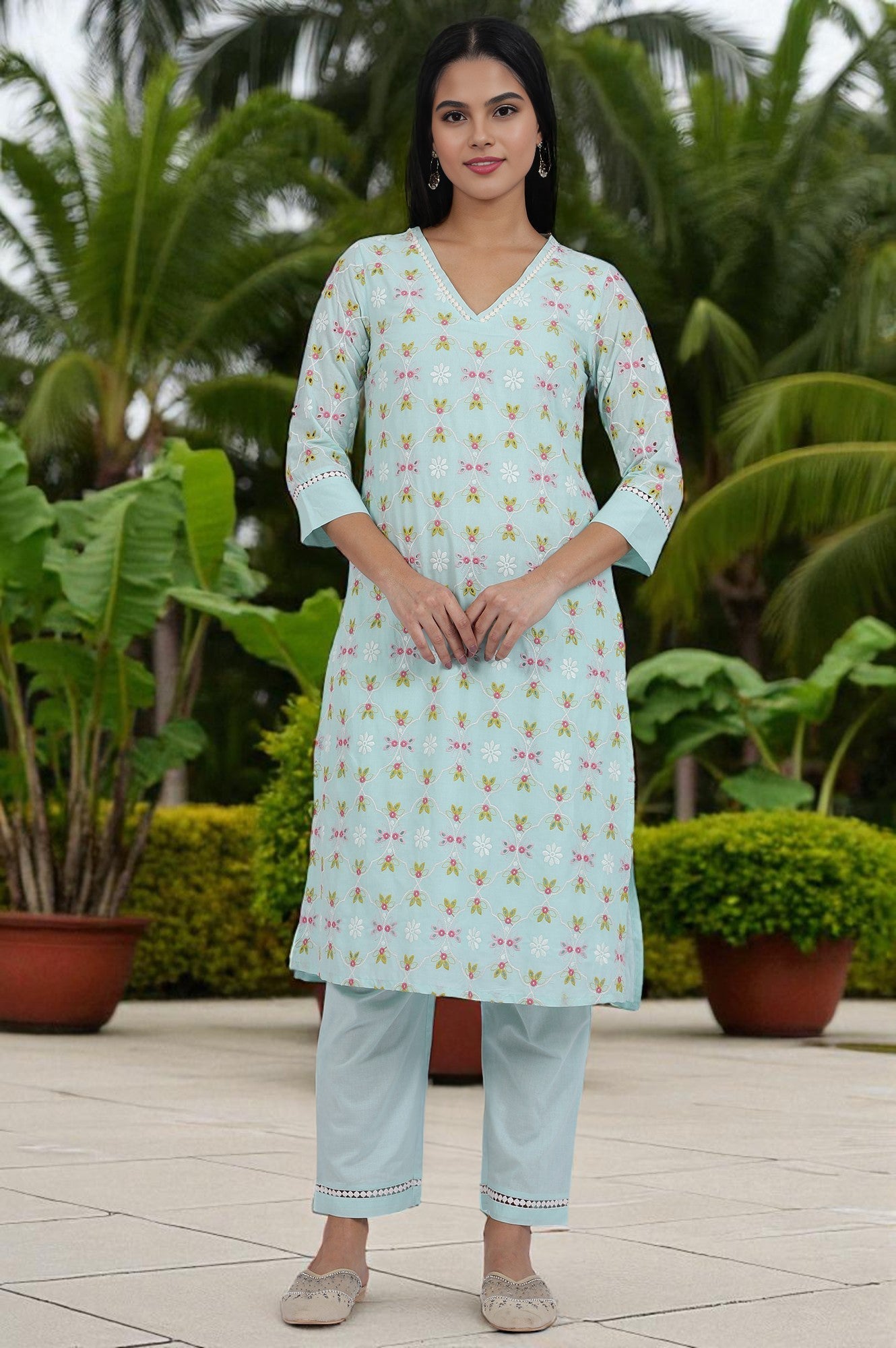 Blue Embroidered Lace Pure Cotton Straight Kurta & Straight Pant Set