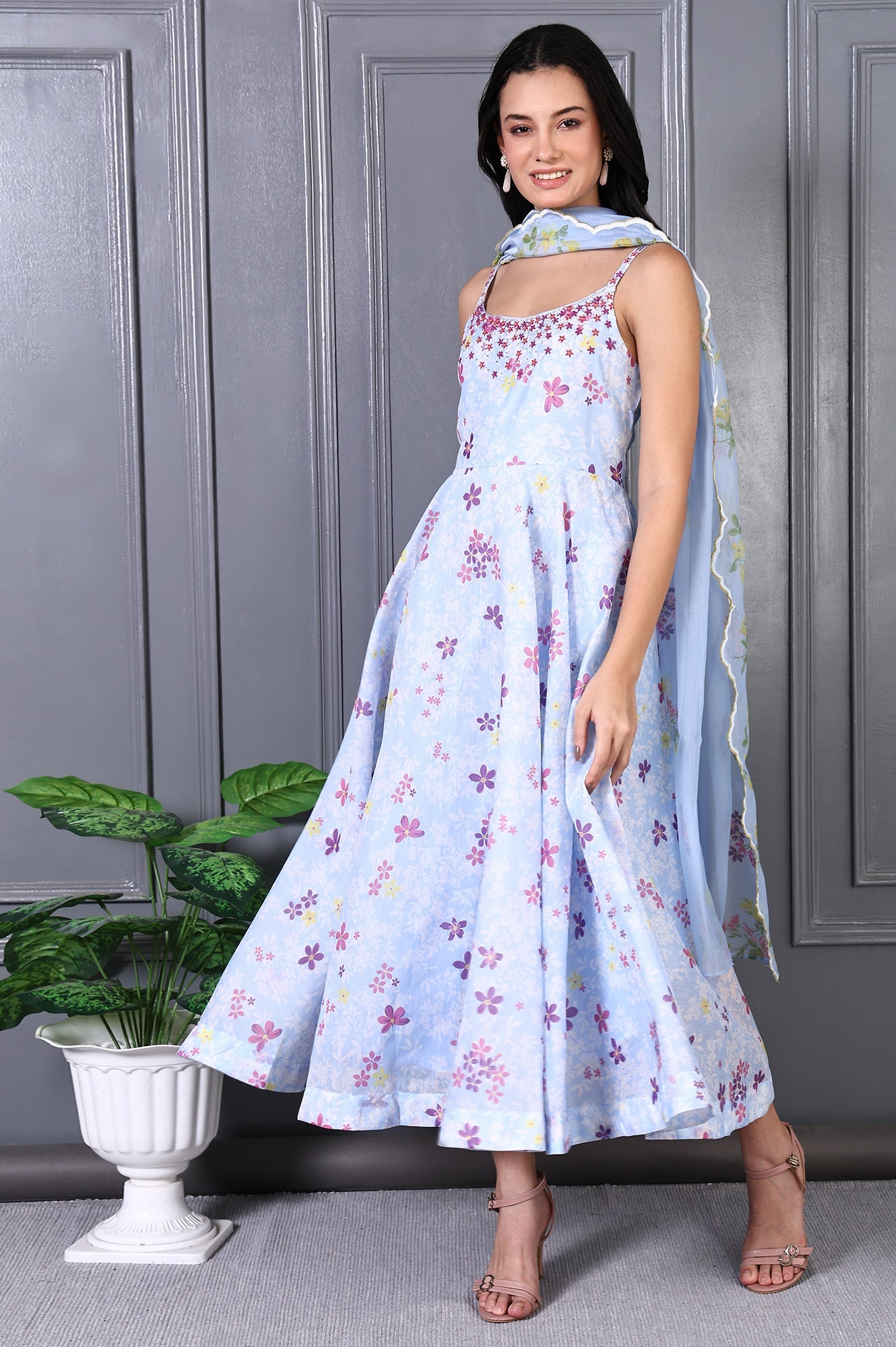 Blue Floral Printed Thread Work Chanderi Flared Dress and Dupatta Set