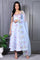 Blue Floral Printed Thread Work Chanderi Flared Dress and Dupatta Set