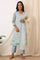 Blue Checker Chanderi Straight Kurta, Pants and Dupatta Set