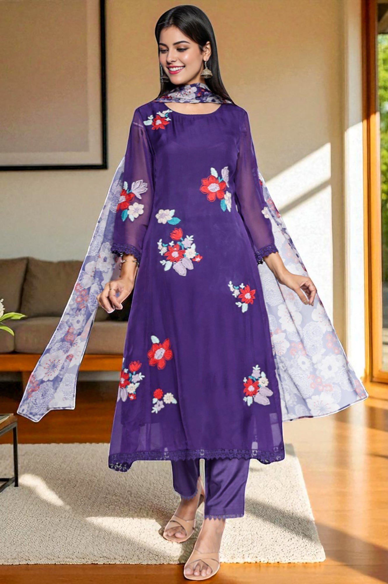 Amesthyst Purple Solid Printed Organza A-Line Kurta, Straight Pant and Dupatta Set