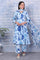 Blue Floral Printed Rayon Lace Flared Kurta, Pants and Dupatta Set