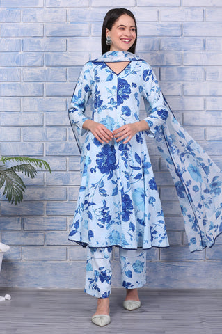 Blue Floral Printed Rayon Lace Flared Kurta, Pants and Dupatta Set