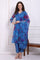 Blue Floral Printed Organza Flared Kurta, Pants and Dupatta Set