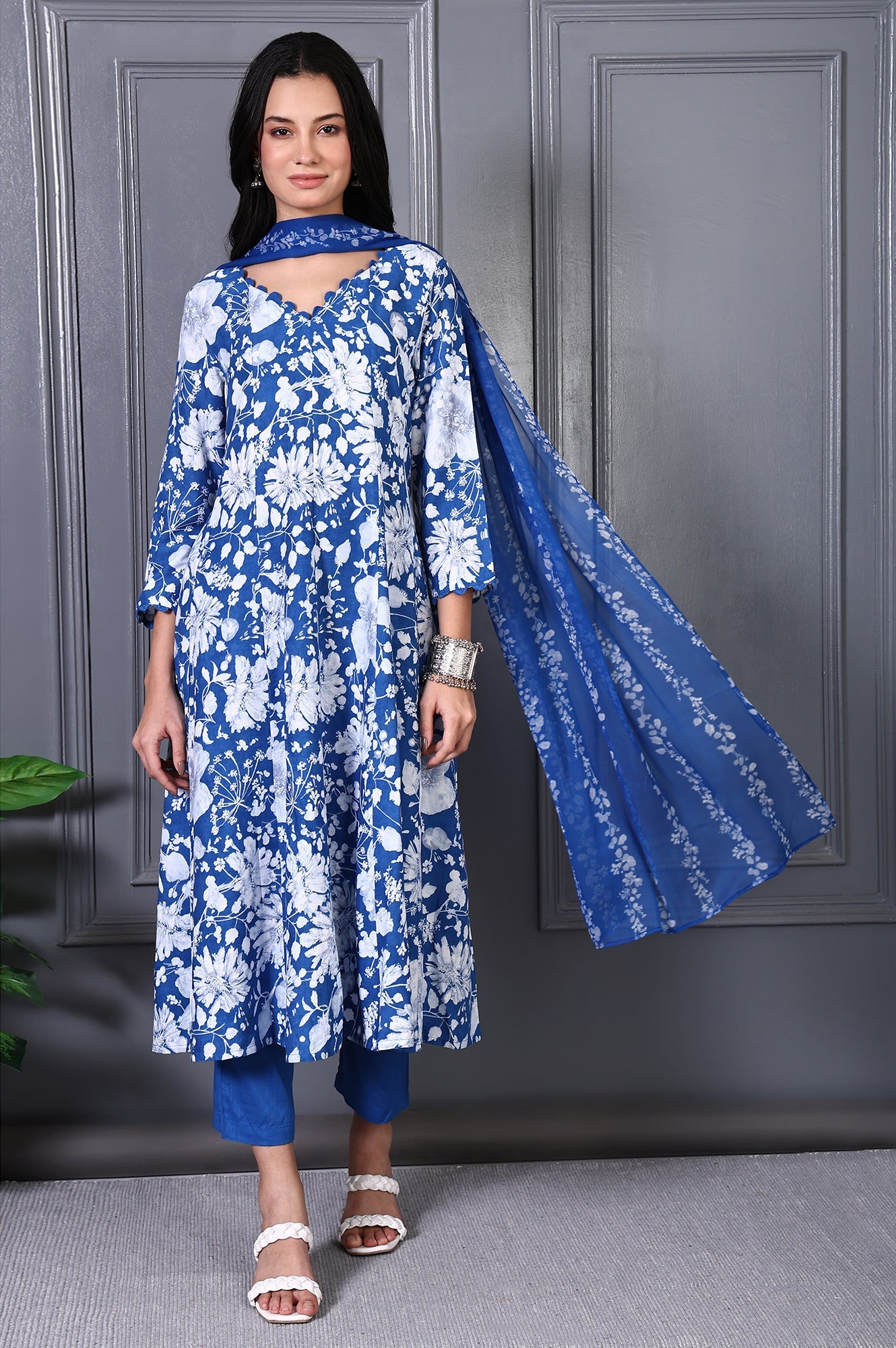 Blue Floral Printed Lace Rayon Flared Kurta, Pants and Dupatta Set