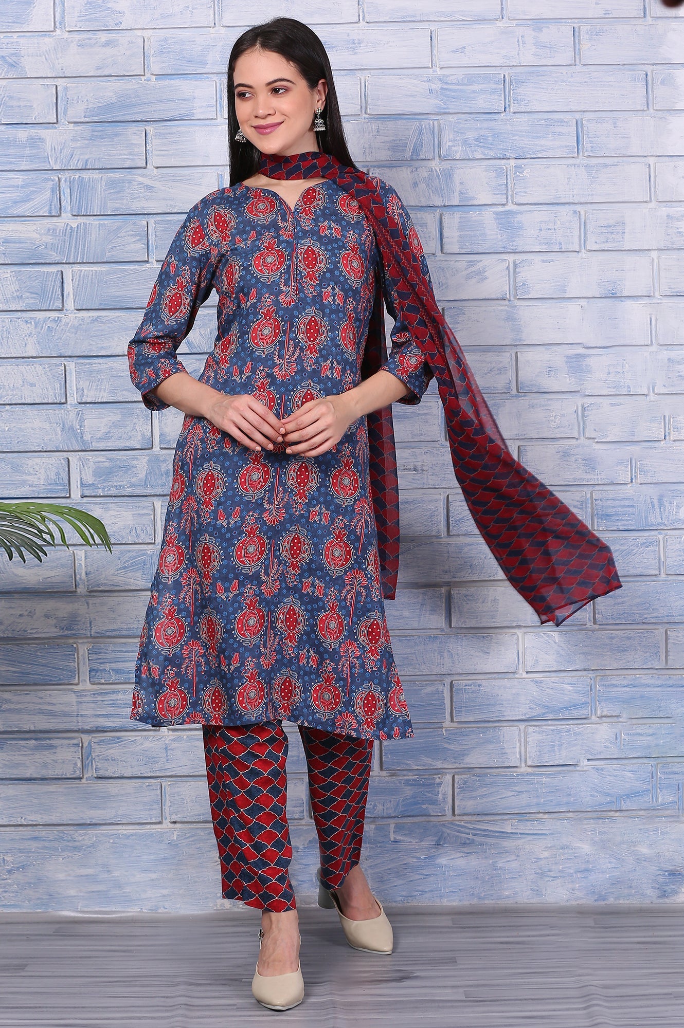 Blue Printed Modal Straight Kurta, Pants and Dupatta Set