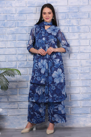 Blue Floral Printed Lace Chiffon Straight Kurta, Parallel Pants and Dupatta Set