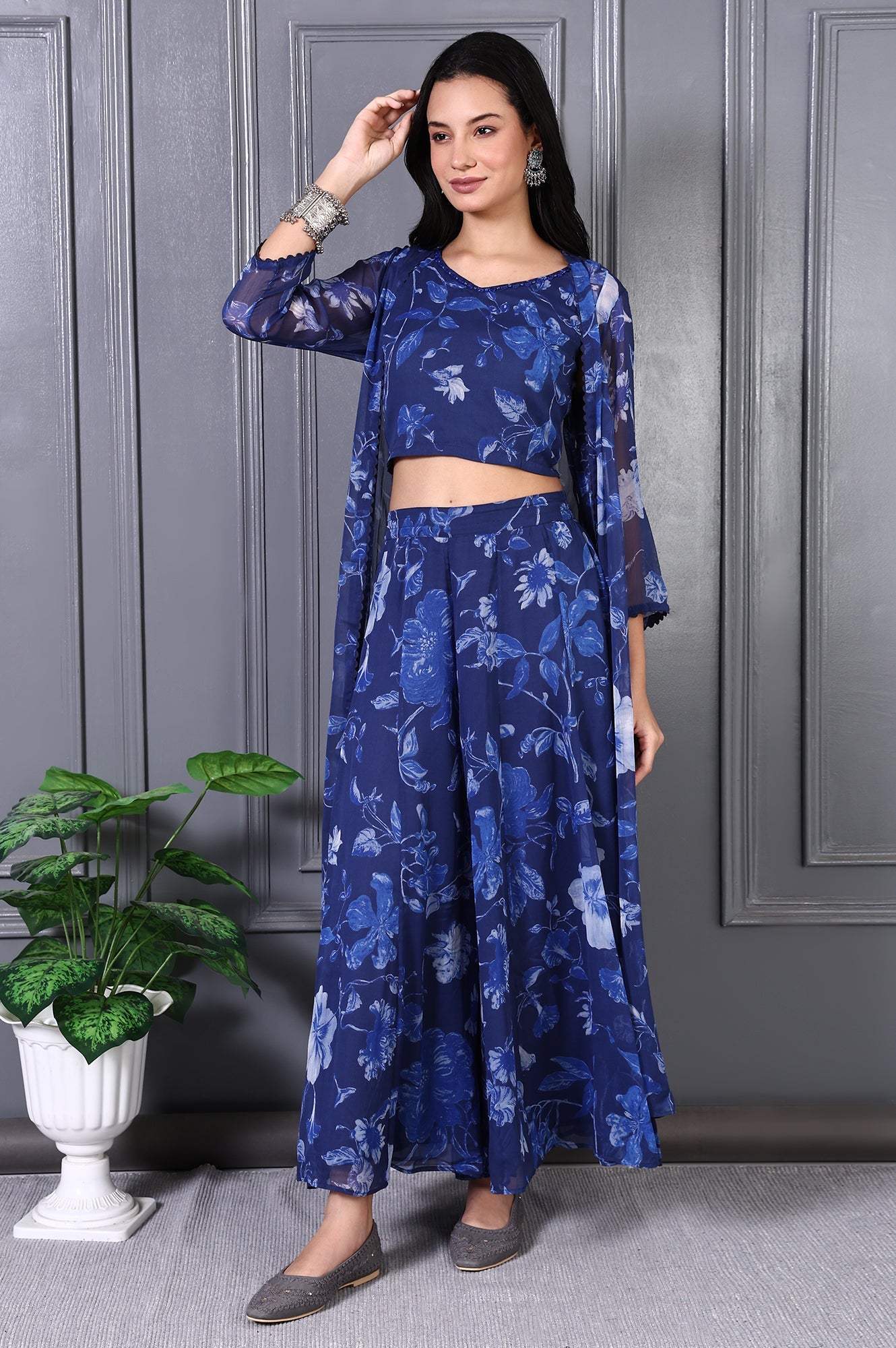 Blue Floral Printed Beads Chiffon Flared Crop Top, Jacket and Flared Pants Set
