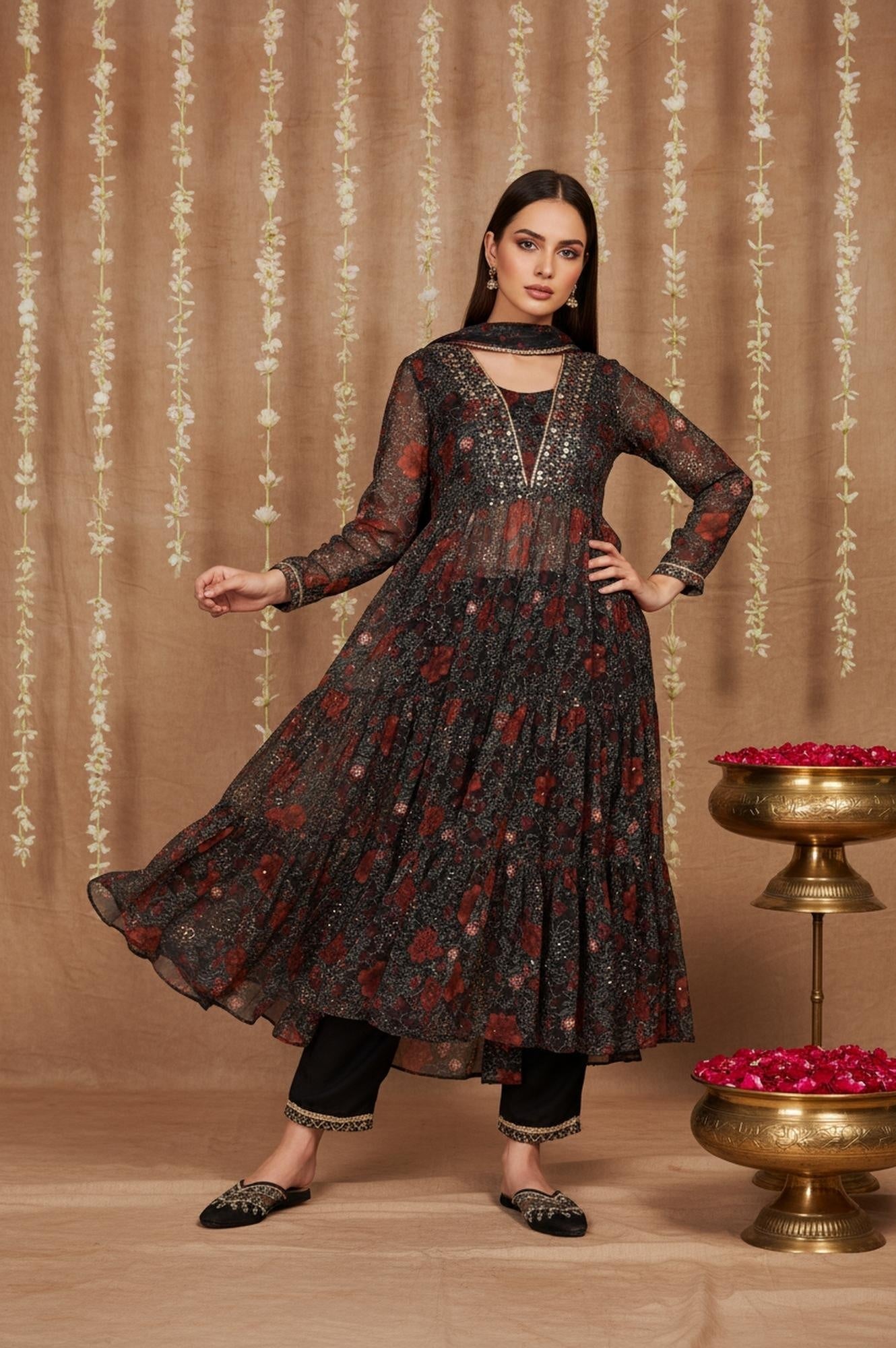 Black Floral Embroidered Anarkali Chiffon Kurta with Straight Pant Set