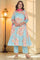 Blue Printed Chanderi Flared Kurta, Straight Pant and Dupatta Set