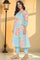 Blue Printed Chanderi Flared Kurta, Straight Pant and Dupatta Set